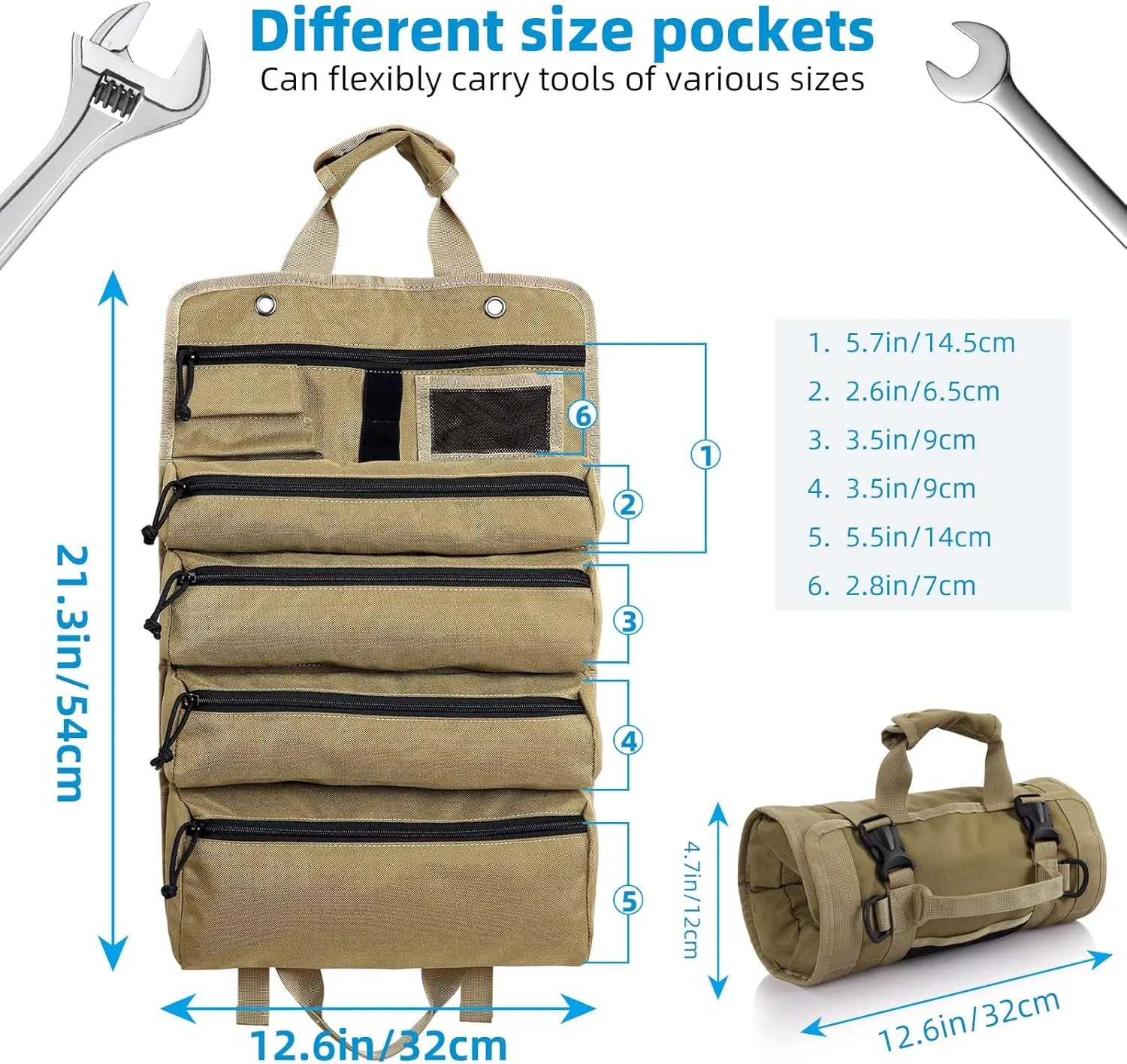Roll Up Tool Bag, Koolertron 4 Zippers Water Resistant Wrench Tool Organizer, 900D Oxford Cloth Multi Pockets Storage for Mechanic/Electrician, Ideal Gift for Him, Khaki