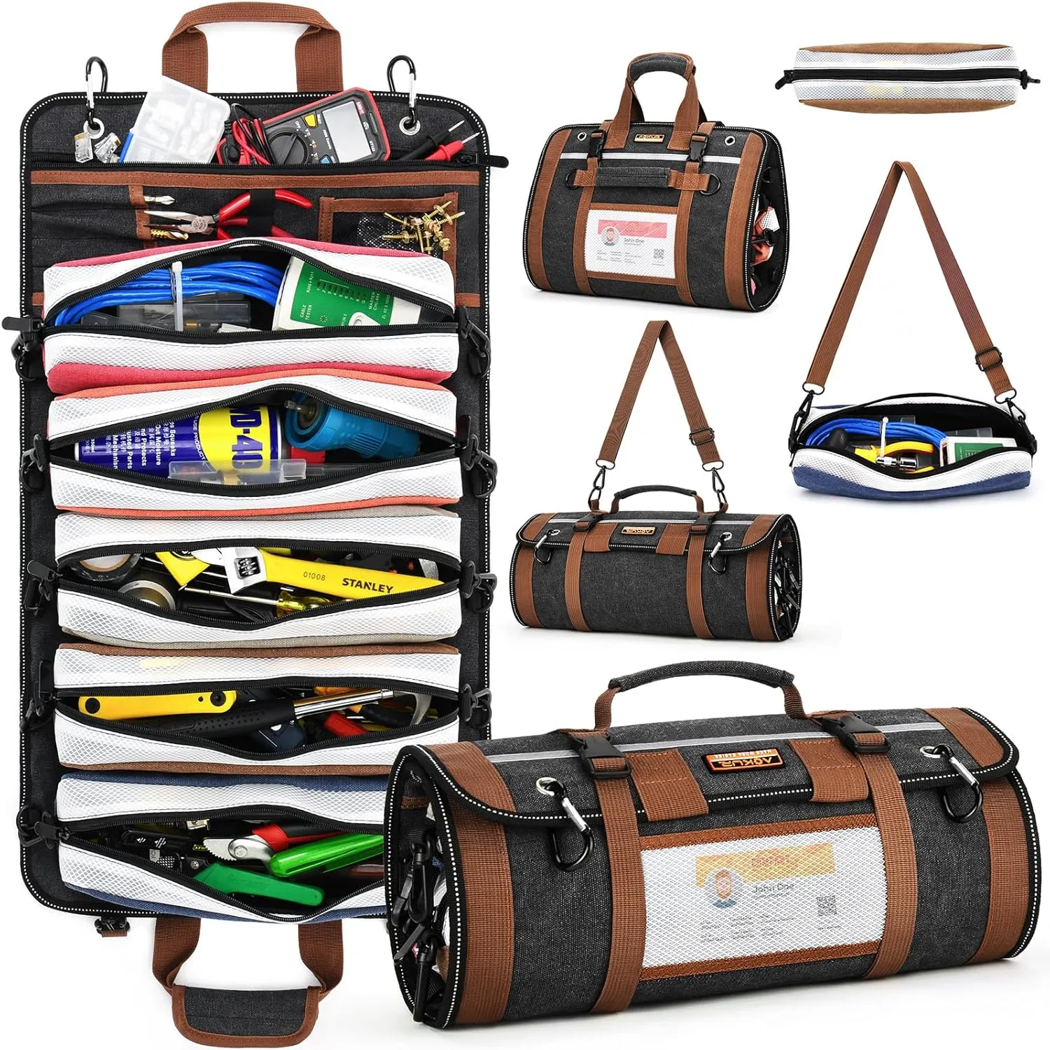 Roll Up Tool Bag Organizer - 5 Detachable Tool Roll Up Bag - Portable Canvas tool roll for Hand Tools, Outdoor Gear, and More Ideal Gift for Dad, Electricians, Mechanics Green Tool Storage Kit