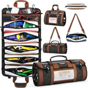 Roll Up Tool Bag Organizer - 5 Detachable Tool Roll Up Bag - Portable Canvas tool roll for Hand Tools, Outdoor Gear, and More Ideal Gift for Dad, Electricians, Mechanics Green Tool Storage Kit