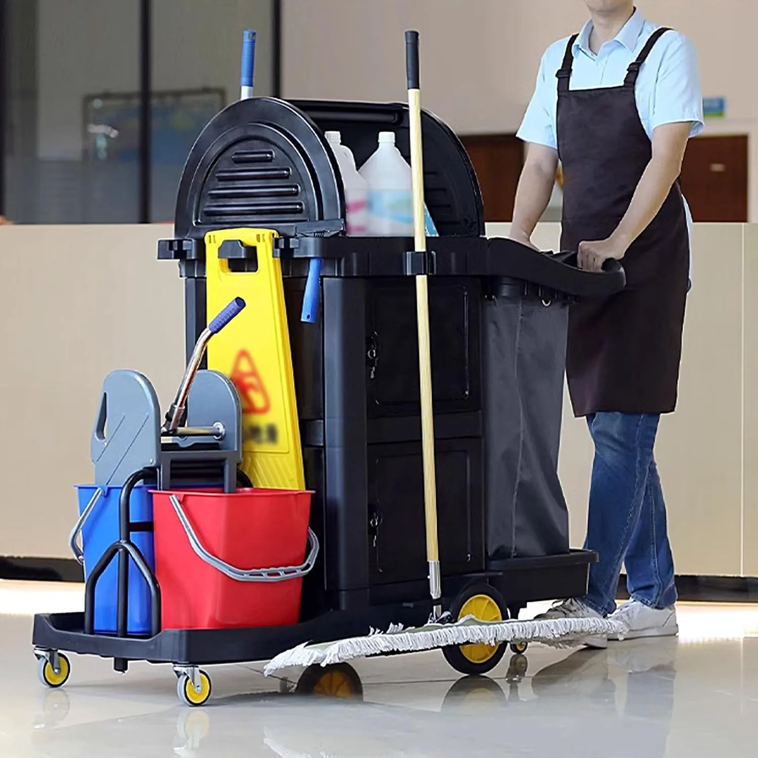 Rolling Laundry Cart Thickened Plastic Dirty Clothes Hamper with Wheels Multifunctional Cleaning Vehicle for Hotels, Shopping Malls, Airports Can Bear 150kg(145 * 61.4 * 110.8cm)