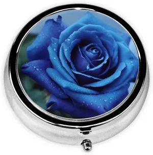 Romantic Blue Rose Pill Box Round Pill Case for Pocket Purse 3 Compartment Medicine Pill Organizer Cute Portable Travel Pillbox Vitamin Cod Liver Oil Storage Box Unique Gift Organizer