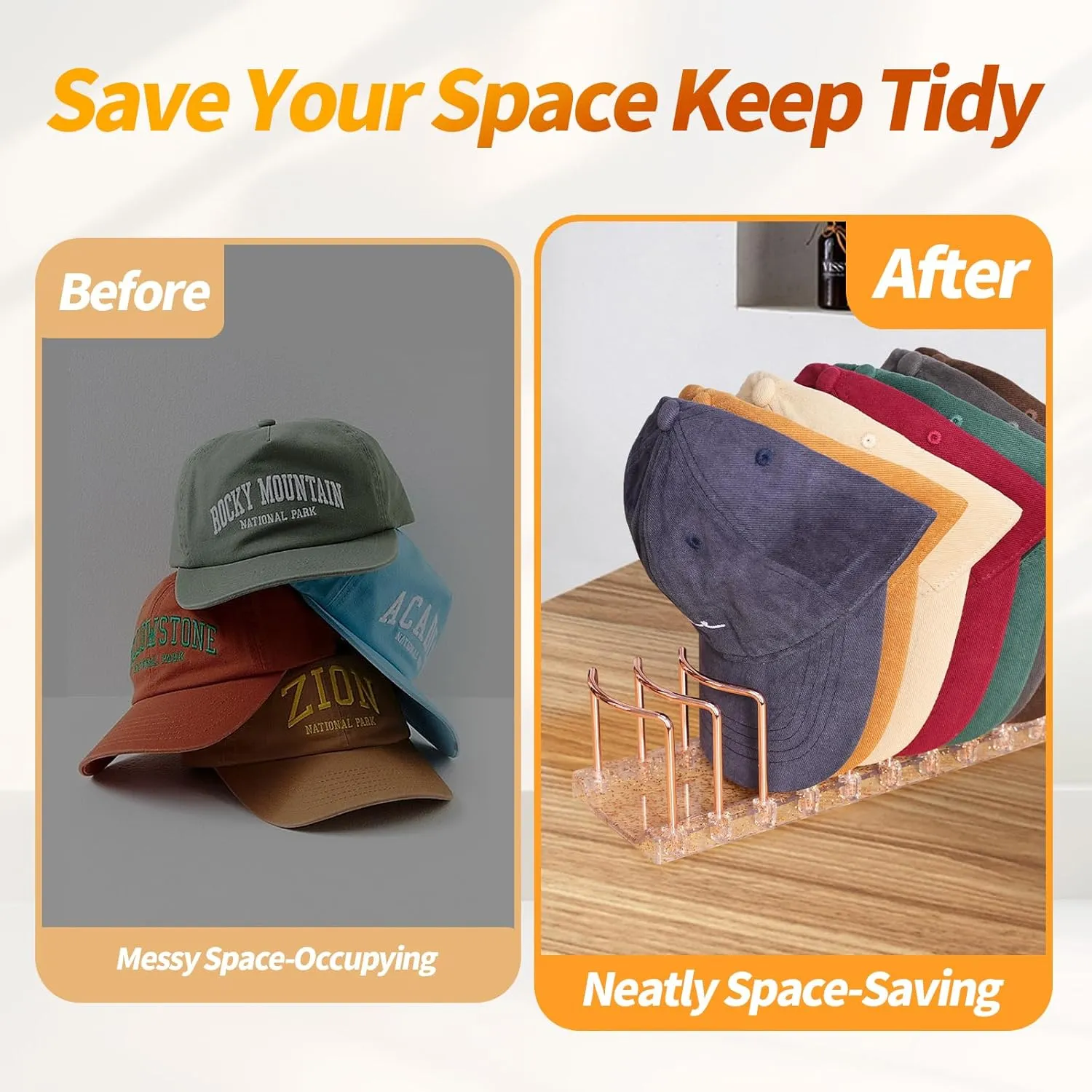 Rose Gold Hat Stand & Cap Organizer | 9-Hat Rack, Sturdy Metal Baseball Cap Holder | Rust-Proof Tabletop Storage for Closet, Bedroom, Dressing Table (Easy Assembly)