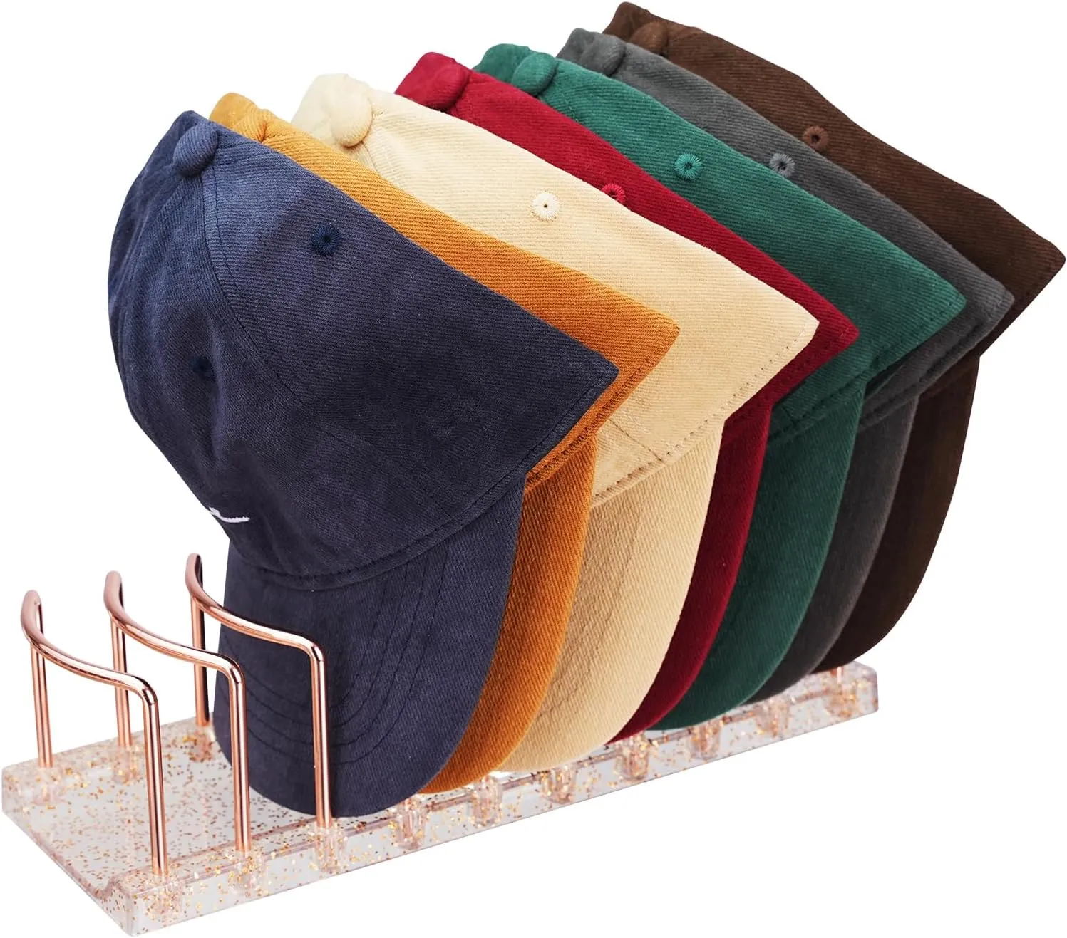 Rose Gold Hat Stand & Cap Organizer | 9-Hat Rack, Sturdy Metal Baseball Cap Holder | Rust-Proof Tabletop Storage for Closet, Bedroom, Dressing Table (Easy Assembly)