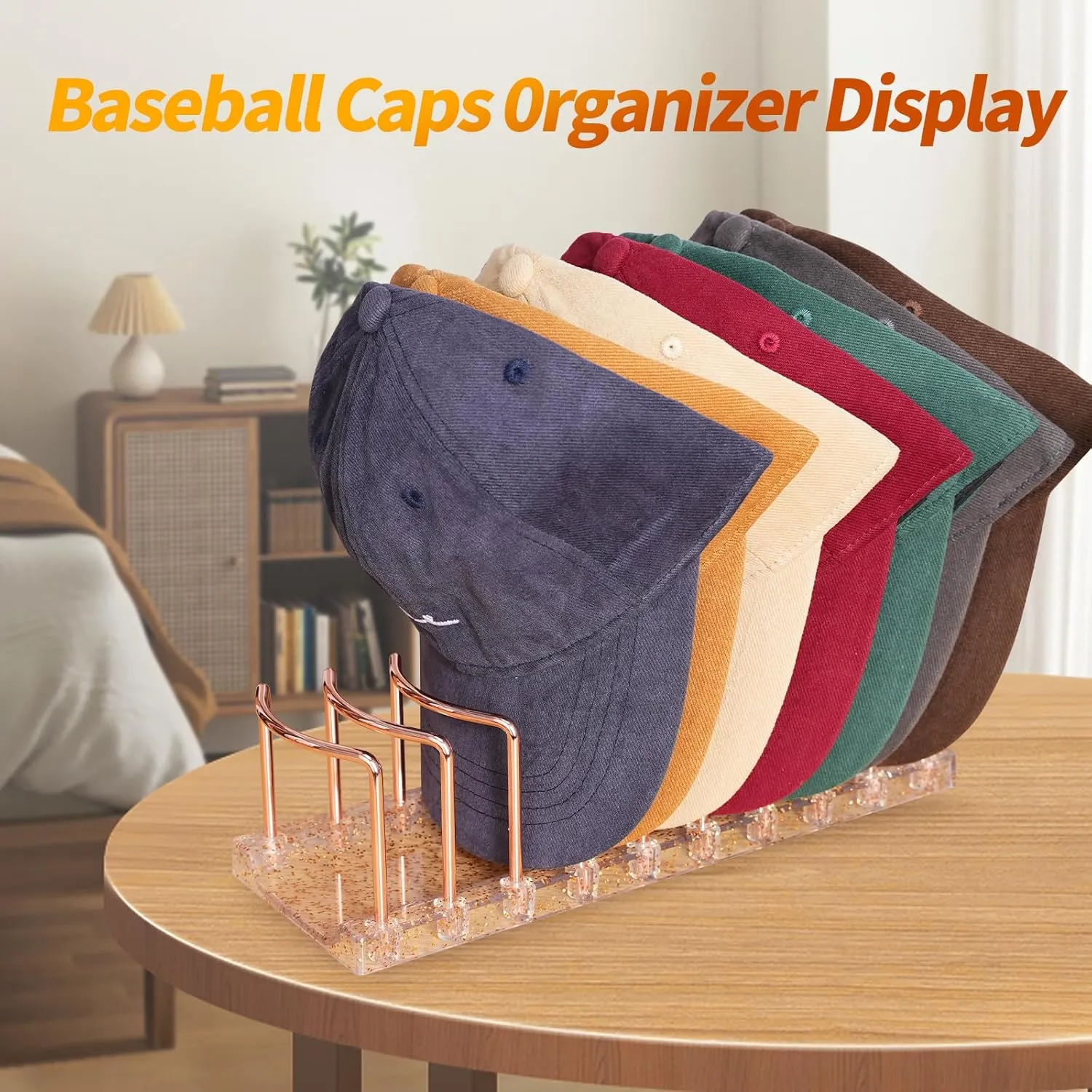 Rose Gold Hat Stand & Cap Organizer | 9-Hat Rack, Sturdy Metal Baseball Cap Holder | Rust-Proof Tabletop Storage for Closet, Bedroom, Dressing Table (Easy Assembly)
