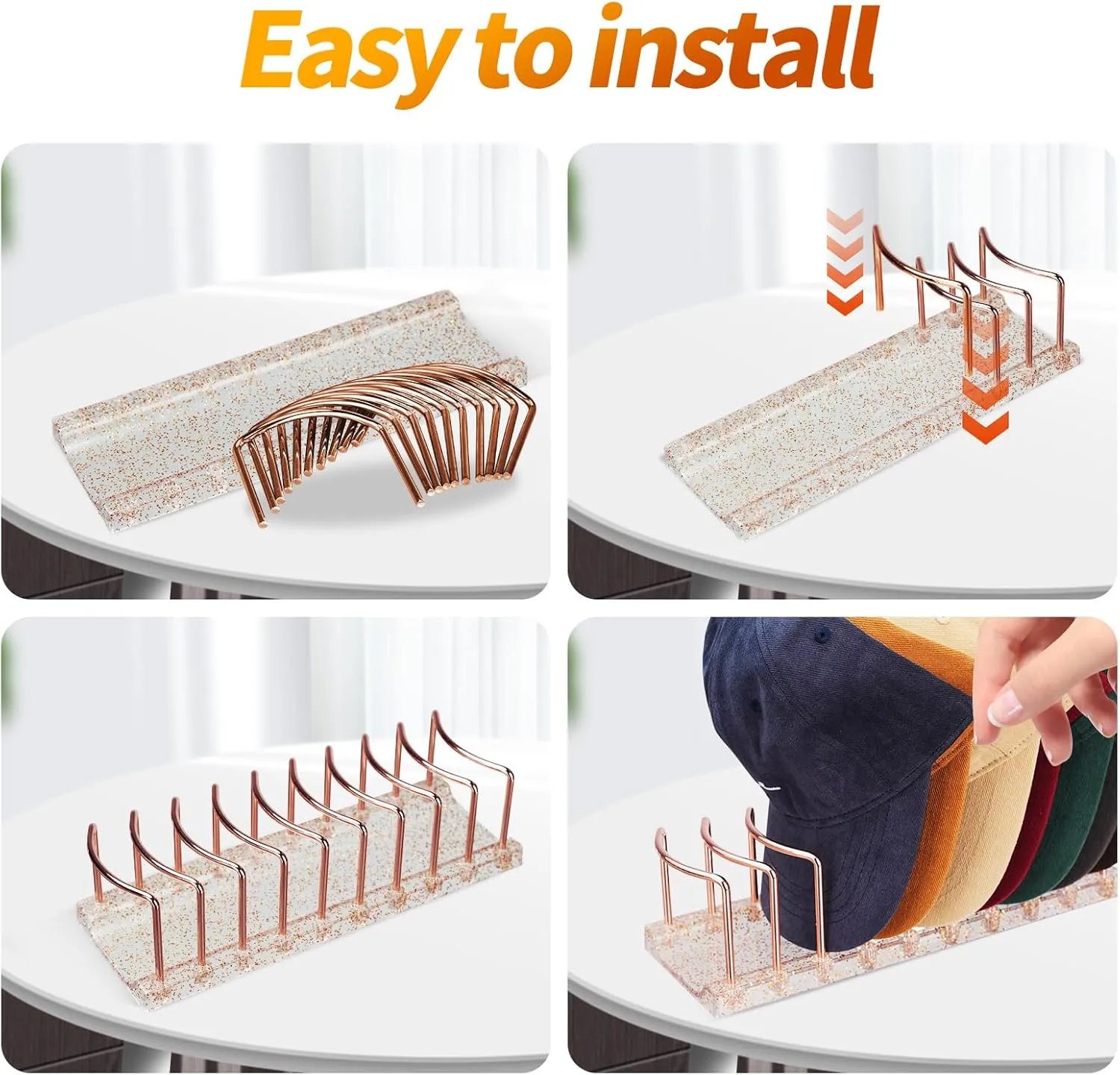 Rose Gold Hat Stand & Cap Organizer | 9-Hat Rack, Sturdy Metal Baseball Cap Holder | Rust-Proof Tabletop Storage for Closet, Bedroom, Dressing Table (Easy Assembly)