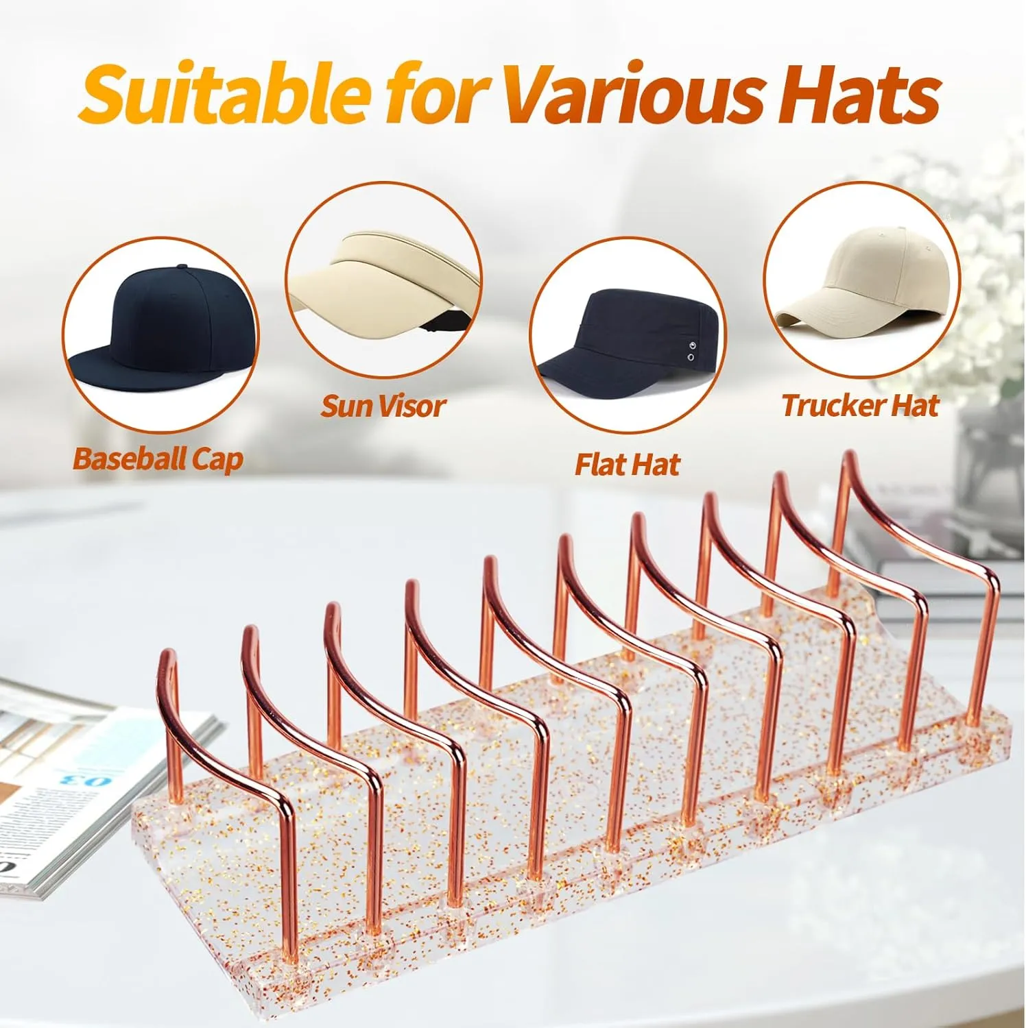 Rose Gold Hat Stand & Cap Organizer | 9-Hat Rack, Sturdy Metal Baseball Cap Holder | Rust-Proof Tabletop Storage for Closet, Bedroom, Dressing Table (Easy Assembly)