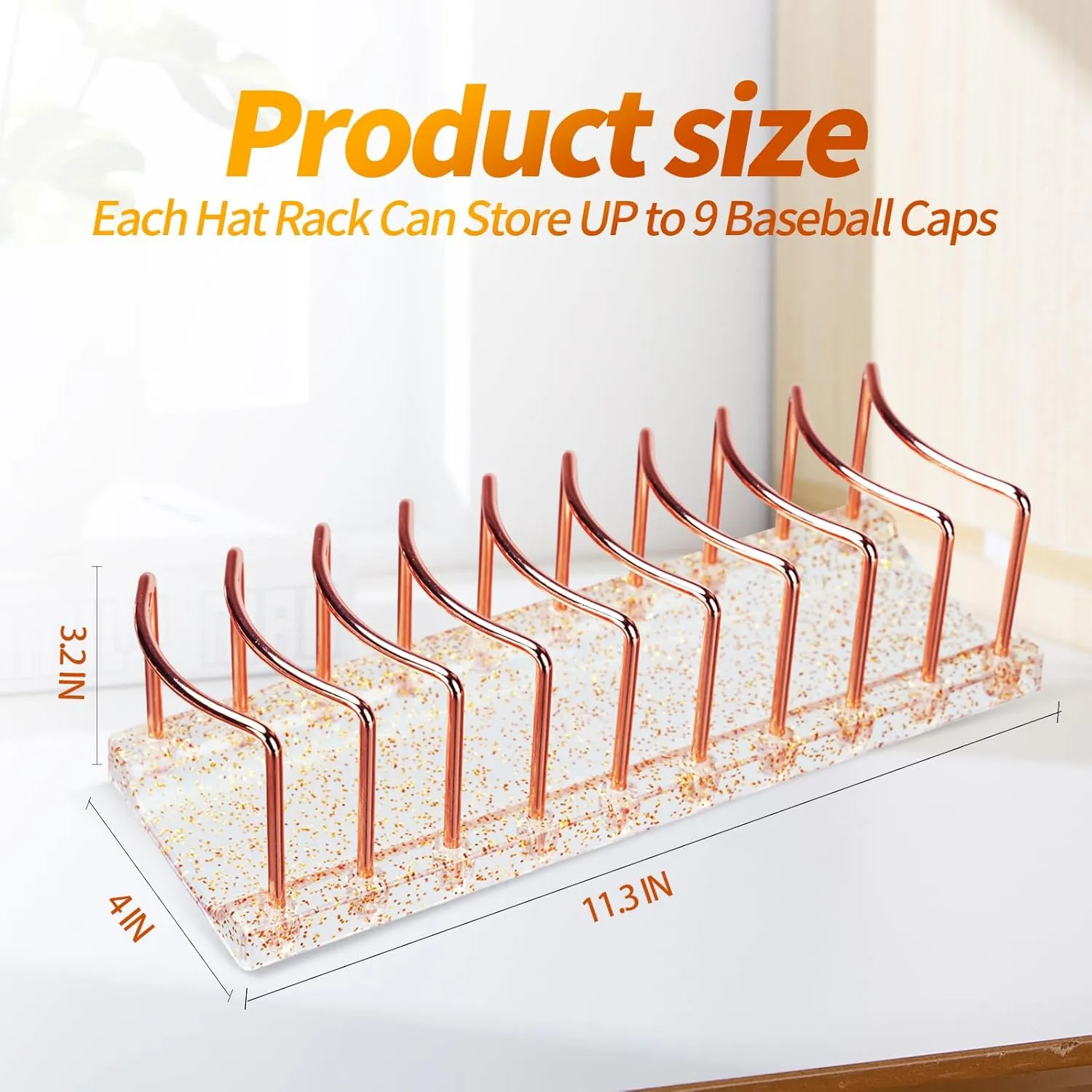 Rose Gold Hat Stand & Cap Organizer | 9-Hat Rack, Sturdy Metal Baseball Cap Holder | Rust-Proof Tabletop Storage for Closet, Bedroom, Dressing Table (Easy Assembly)