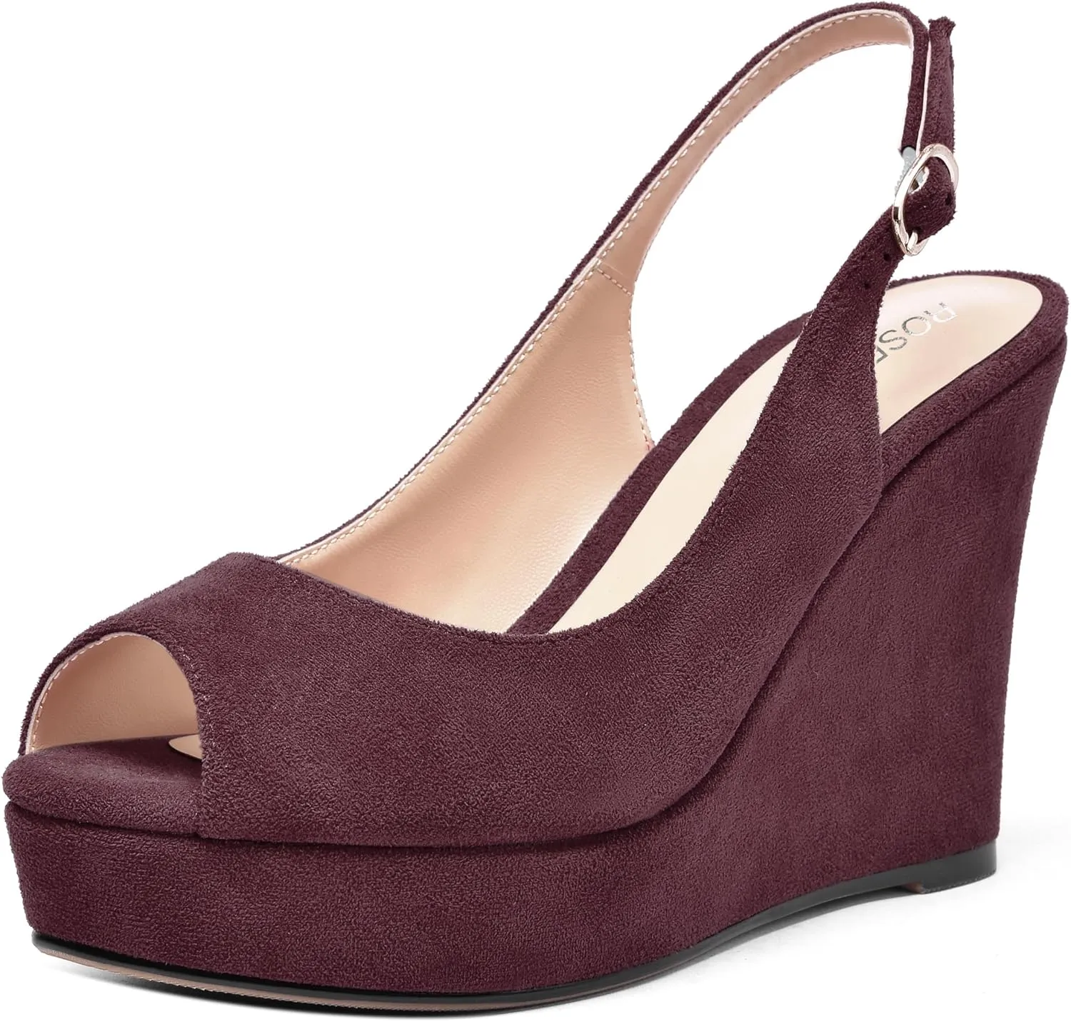 ROSERWISH Womens Buckle Peep Toe Fashion Suede Sexy Evening Slingback Wedge High Heel Pumps Shoes 4 Inch