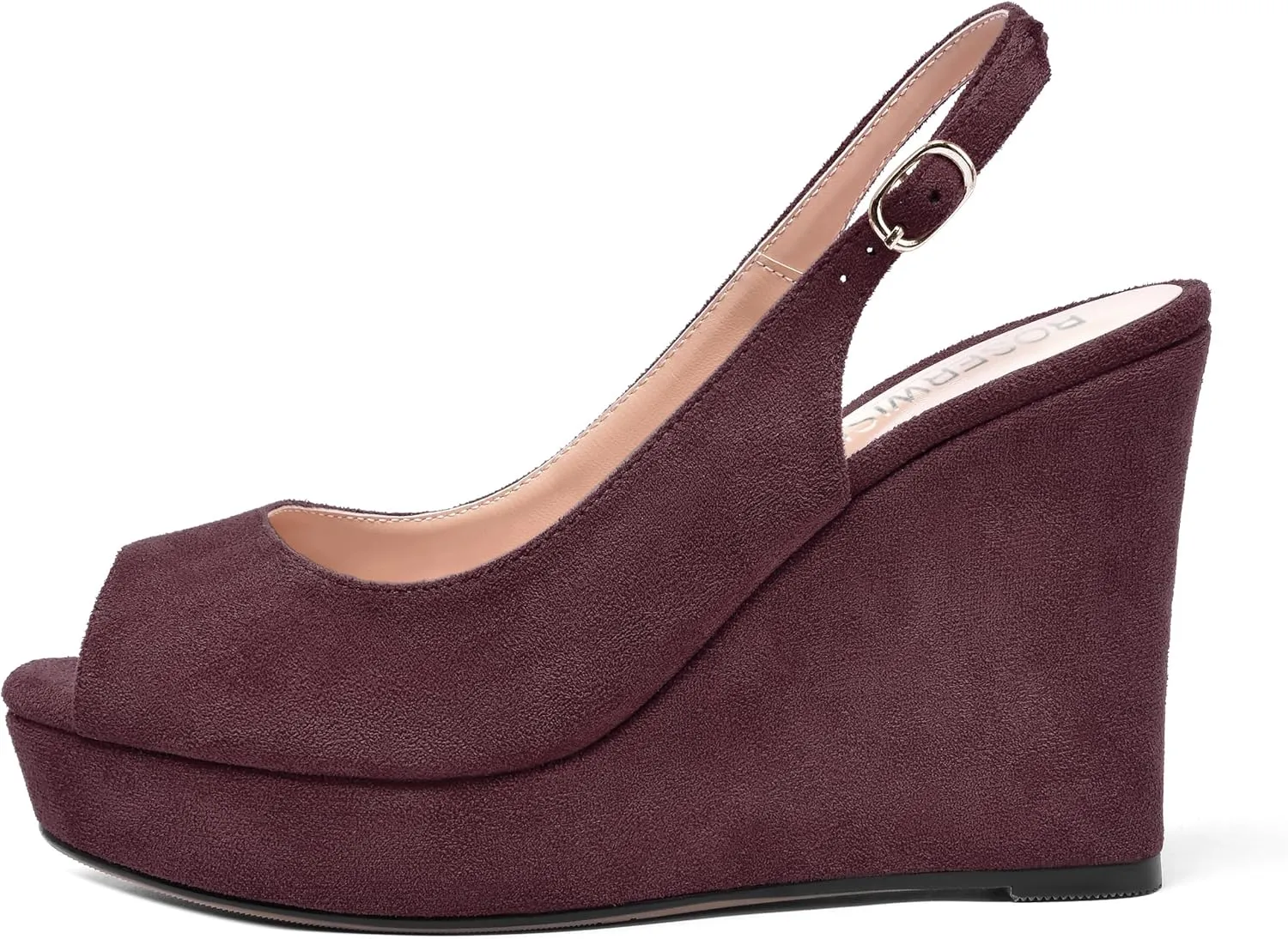 ROSERWISH Womens Buckle Peep Toe Fashion Suede Sexy Evening Slingback Wedge High Heel Pumps Shoes 4 Inch