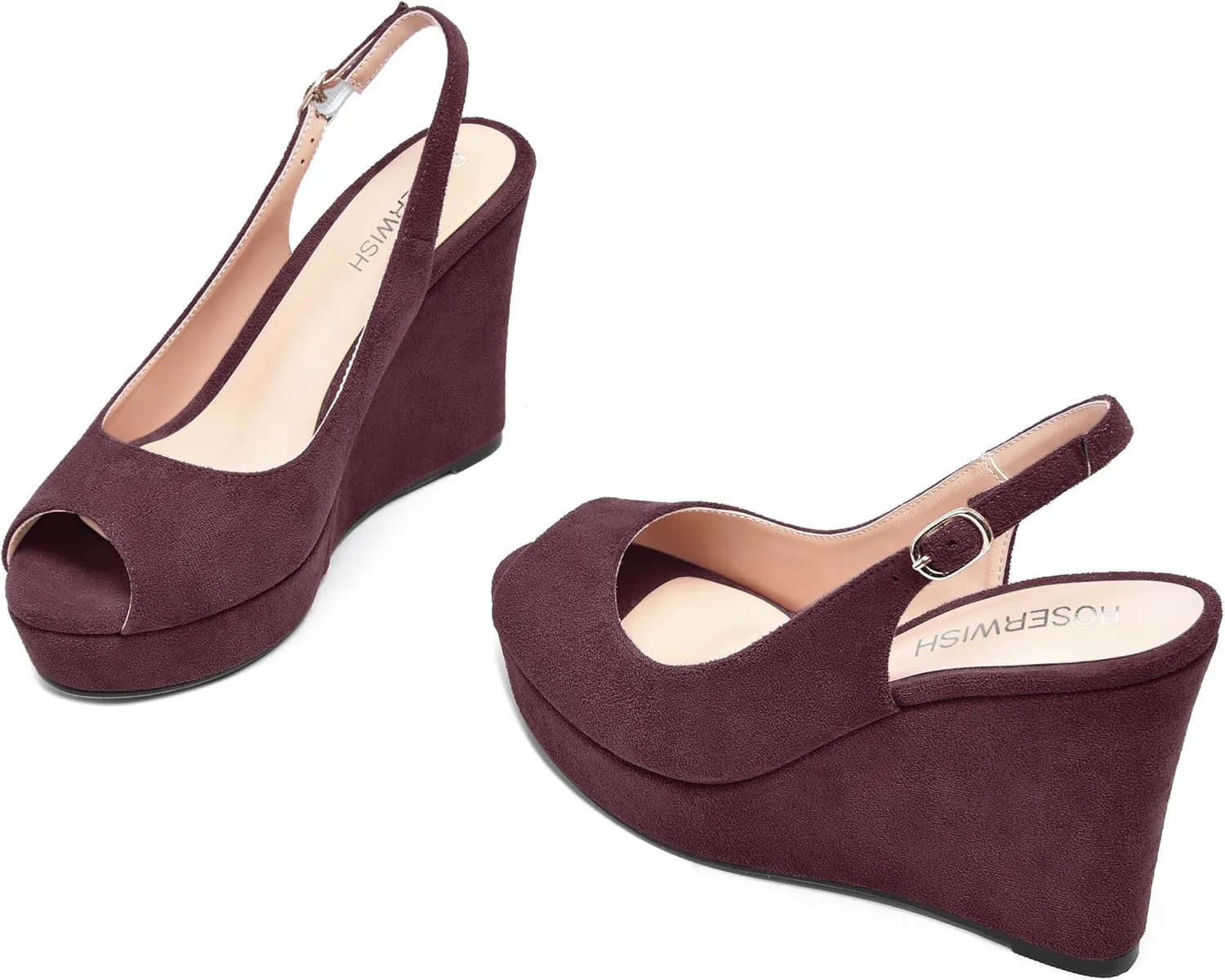 ROSERWISH Womens Buckle Peep Toe Fashion Suede Sexy Evening Slingback Wedge High Heel Pumps Shoes 4 Inch