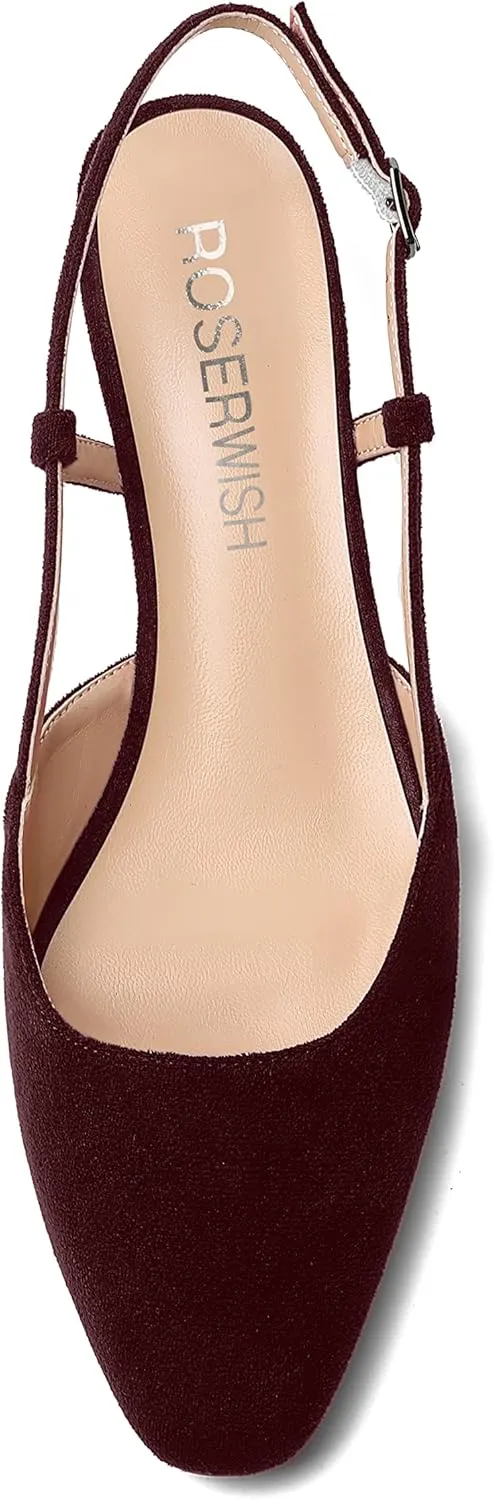 ROSERWISH Womens Cute Square Toe Slingback Suede Wedding Party Comfortable Kitten Low Heel Pumps Dress Shoes 1.5 Inch