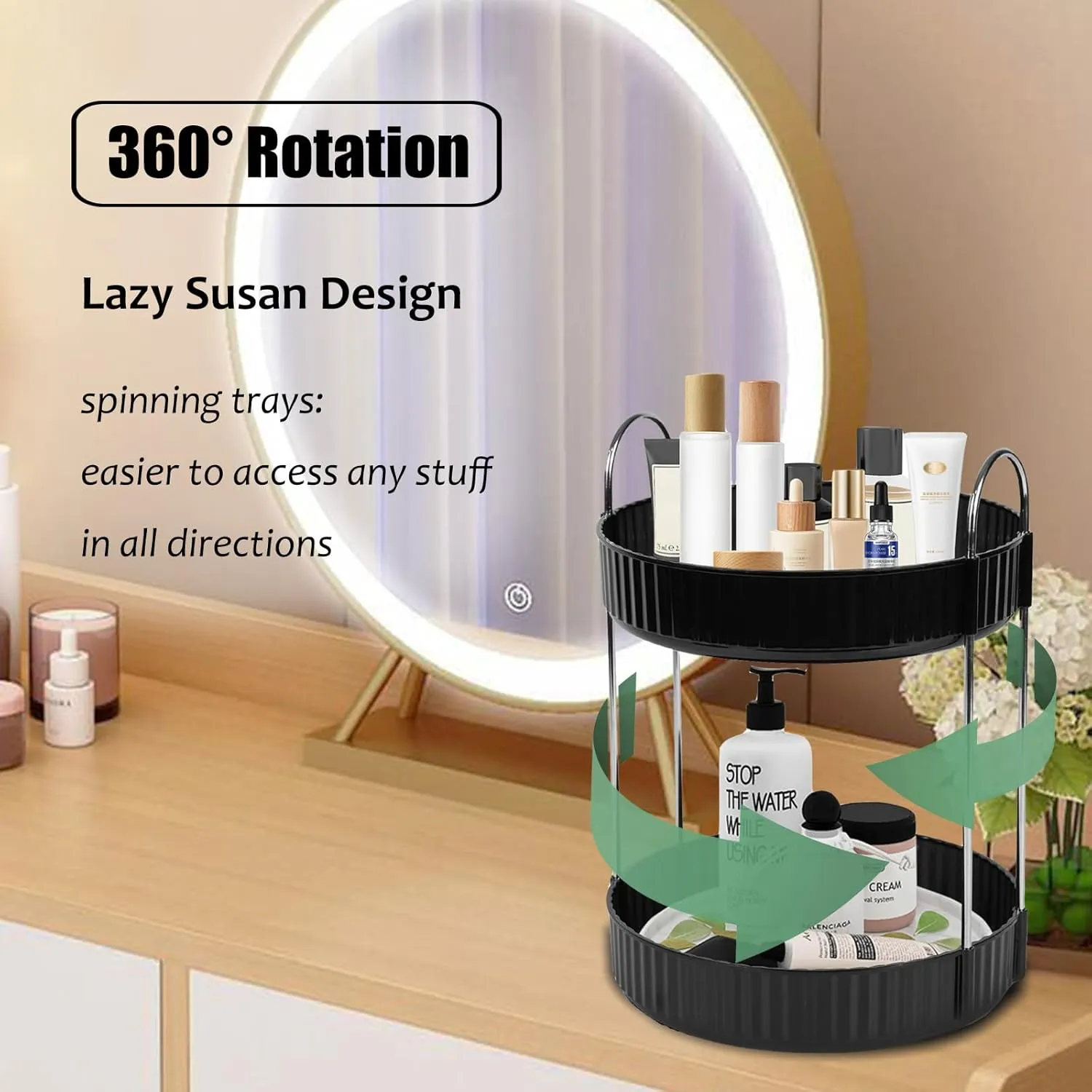 Rotating Makeup Organizer Countertop 2 Tier Lazy Susan Trays Spinning Skincare Perfume Storage for Bathroom Counter Vanity, Black