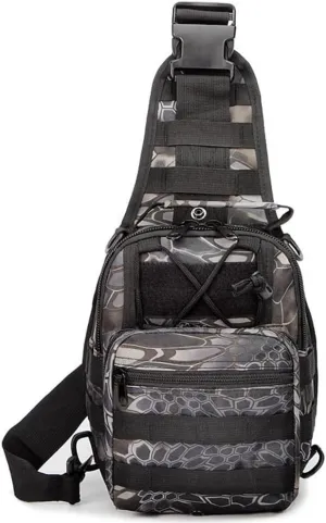 RTGGSEL Men's Camouflage Tactical Sling Shoulder Bags Travel Military MOLLE EDC Crossbody Chest Bag with USB Charging Port (String Snake Black)