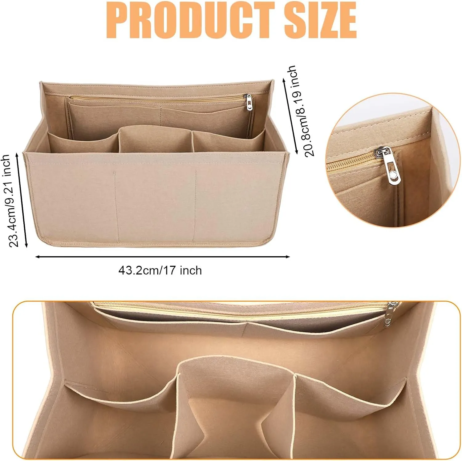 Rubber Beach Bag Organizer Compatible with Bogg Bag/Simply Southern, Felt Bag Organizer Insert Tote Organizer Insert with 7 Pockets, Only for Bogg Bags XL-Size (Apricot)
