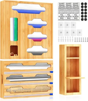 Sandwich Bag & Organizer, Aluminum Foil & Plastic Wrap Cutter, Bamboo Drawer Storage for Gallon, Quart Bags & 12" Rolls (9 in 1)