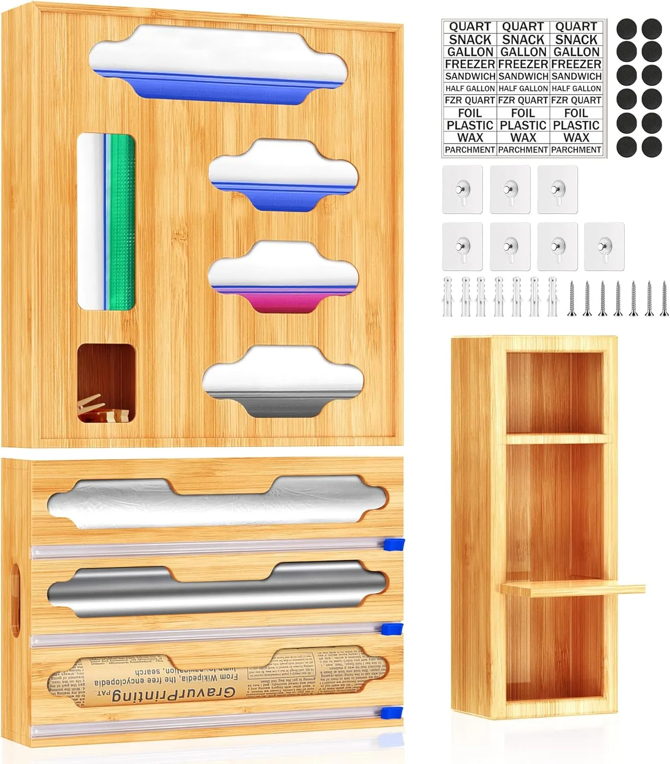 Sandwich Bag & Organizer, Aluminum Foil & Plastic Wrap Cutter, Bamboo Drawer Storage for Gallon, Quart Bags & 12" Rolls (9 in 1)