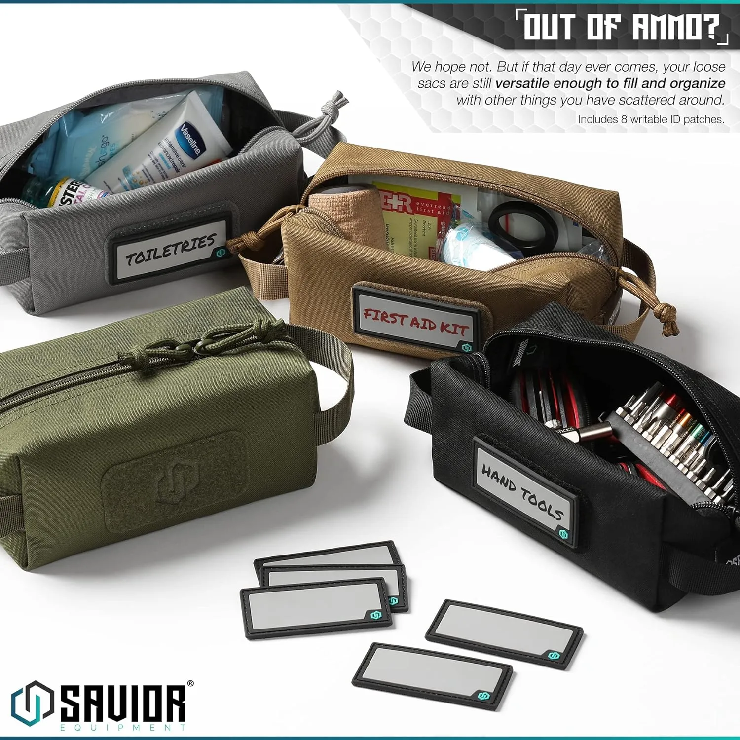 Savior Equipment Loose Sacs 4-Pack Tactical Ammo Pouch Firearm Ammunition Carrier Bag, ID Patches Included, Rifle Carbine Pistol Revolver Ammos Transportation Soft Case Hunting Shooting Range Gear
