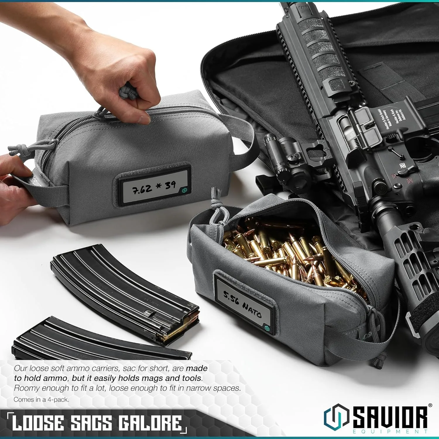Savior Equipment Loose Sacs 4-Pack Tactical Ammo Pouch Firearm Ammunition Carrier Bag, ID Patches Included, Rifle Carbine Pistol Revolver Ammos Transportation Soft Case Hunting Shooting Range Gear