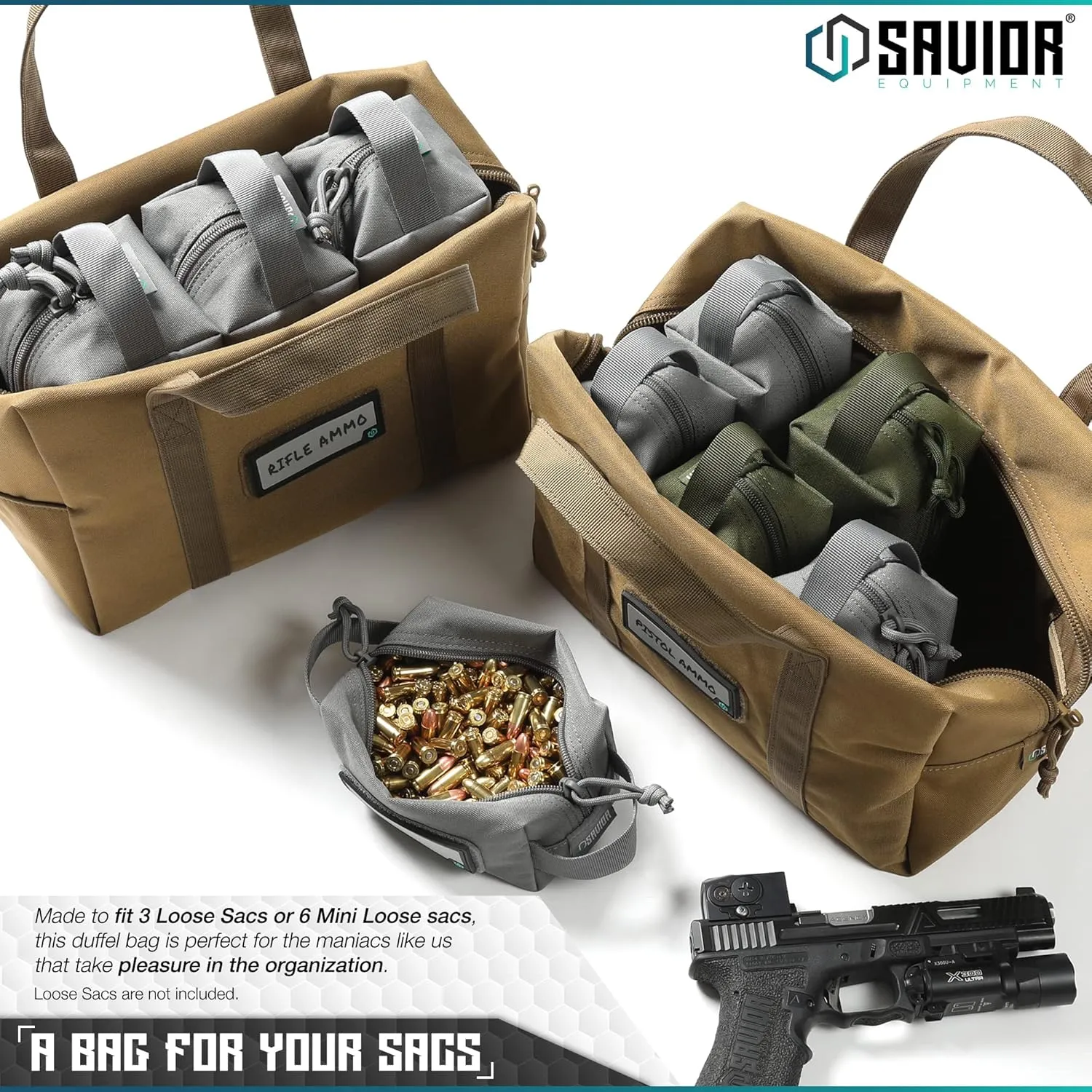 Savior Equipment Mini Hauler Tactical Ammo Duffle Bag Firearm Ammunition Loose Sac Carrier EDC Pouch, ID Patches Included, Rifle Carbine Pistol Revolver Ammos Soft Case Hunting Shooting Range Gear