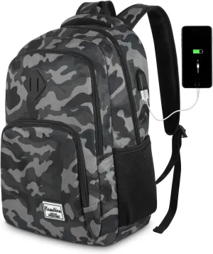 School Backpack for Teen Boys,Bookbag for High School College Backpack with USB,Camouflage Black
