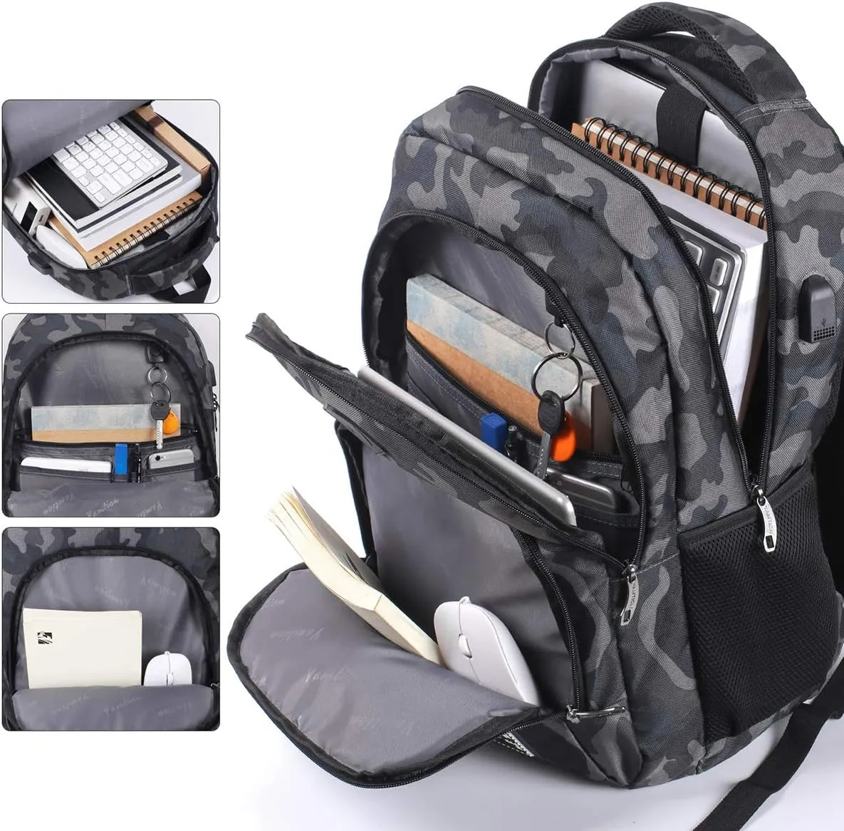 School Backpack for Teen Boys,Bookbag for High School College Backpack with USB,Camouflage Black