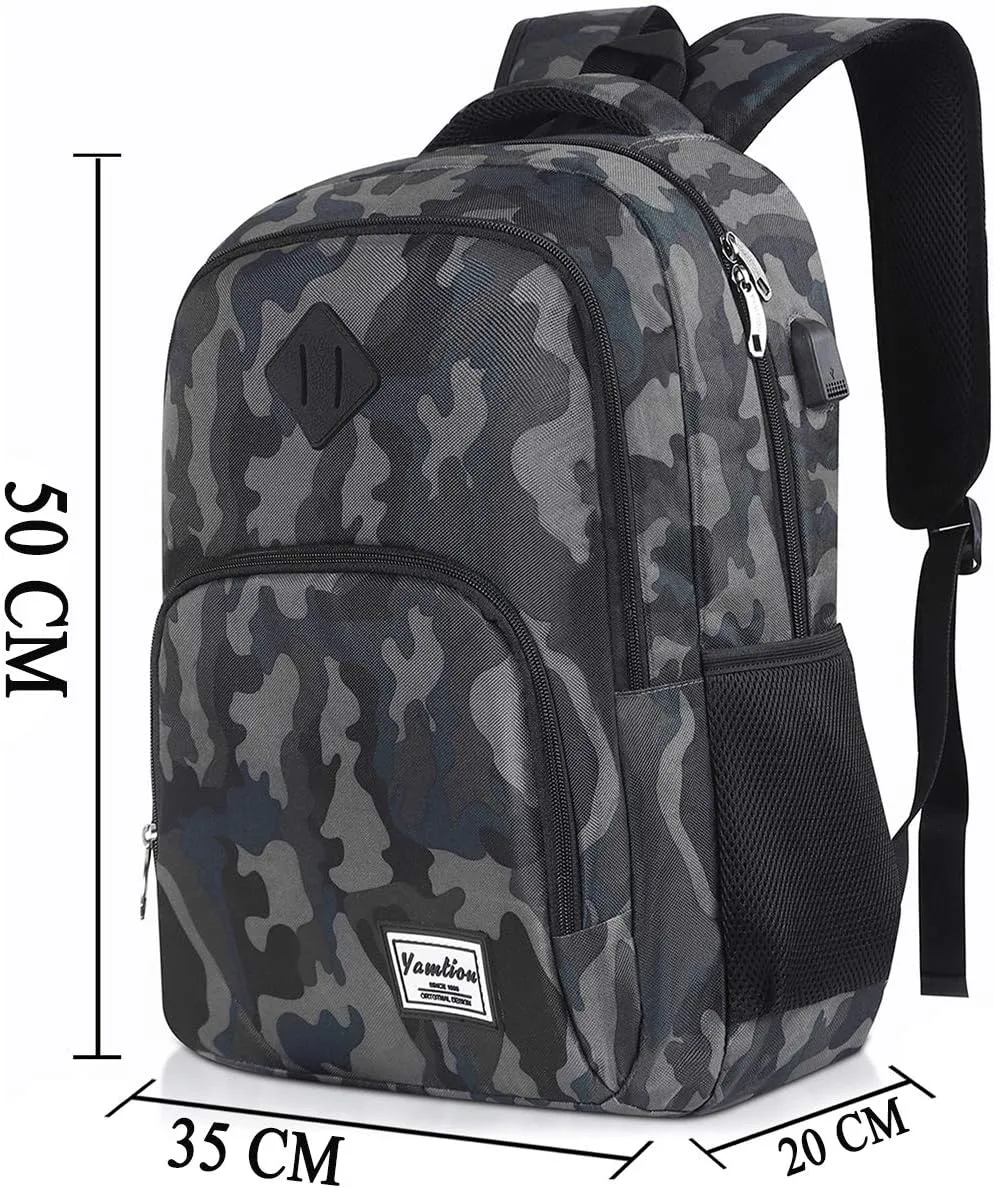School Backpack for Teen Boys,Bookbag for High School College Backpack with USB,Camouflage Black