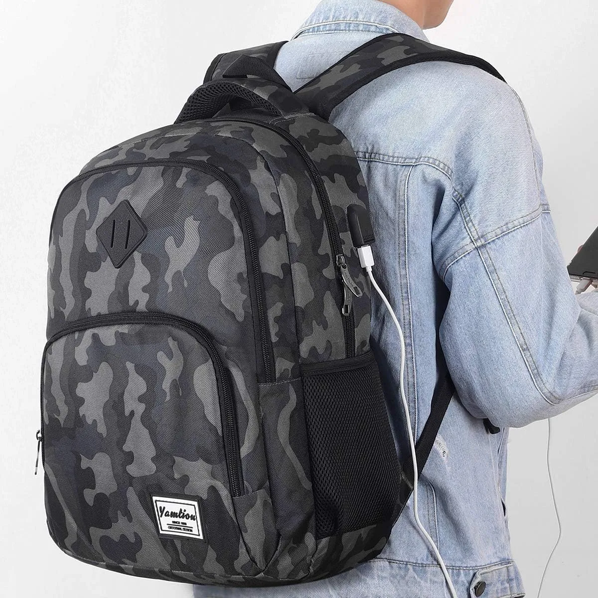 School Backpack for Teen Boys,Bookbag for High School College Backpack with USB,Camouflage Black