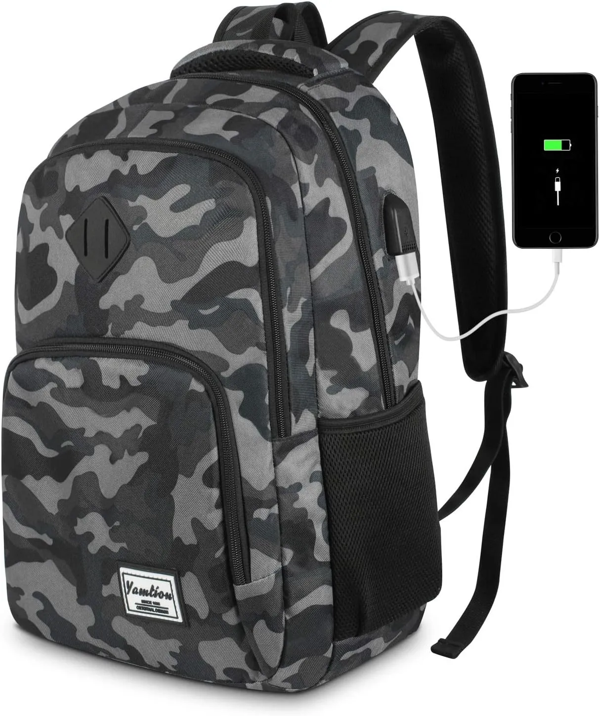 School Backpack for Teen Boys,Bookbag for High School College Backpack with USB,Camouflage Black