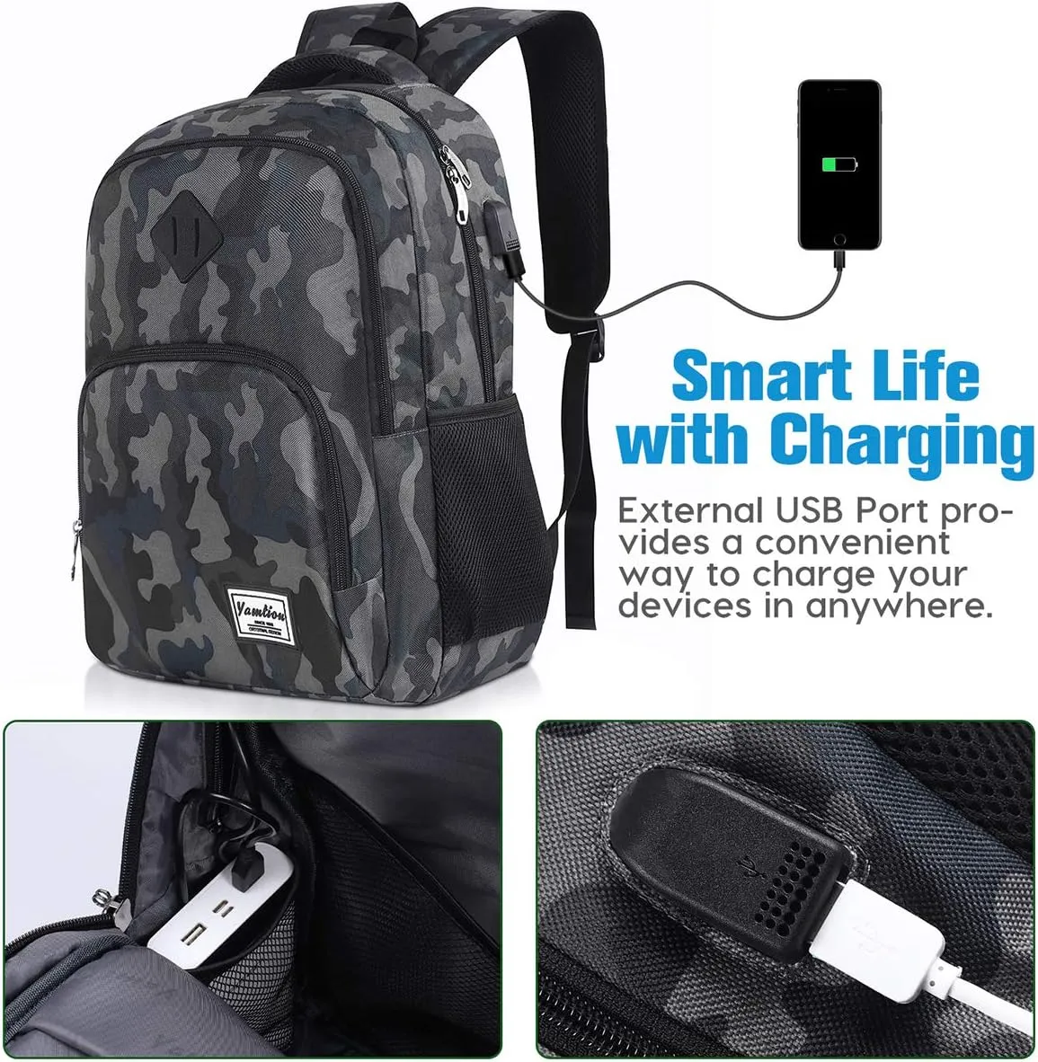 School Backpack for Teen Boys,Bookbag for High School College Backpack with USB,Camouflage Black