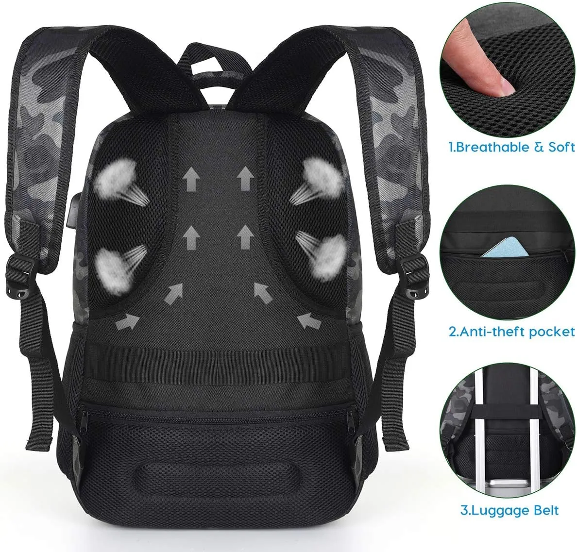 School Backpack for Teen Boys,Bookbag for High School College Backpack with USB,Camouflage Black