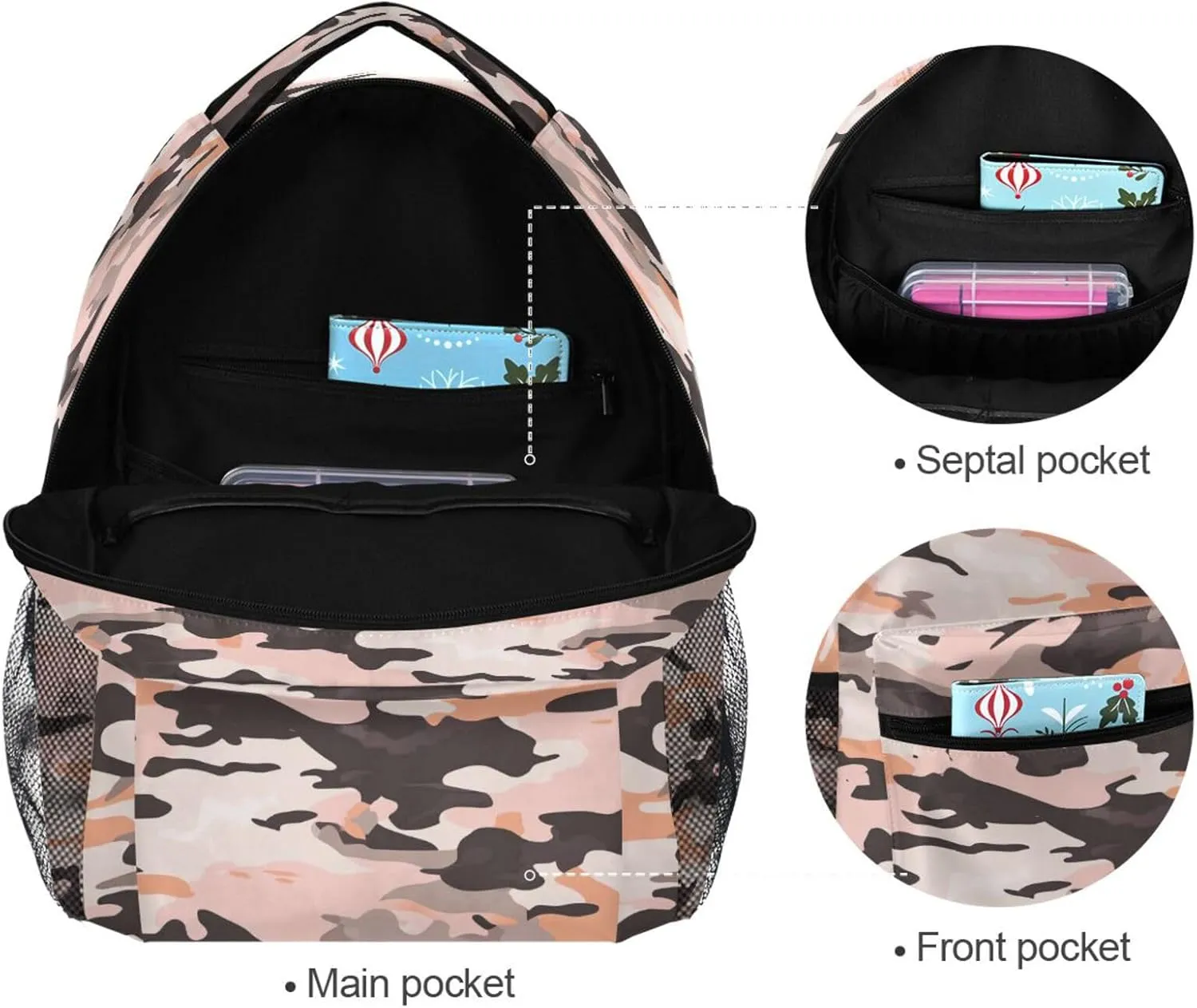 School Backpack for Unisex Adult Waterproof Travel Laptop Backpack with Chest Strap for Travel Trip Camouflage Rose Gold