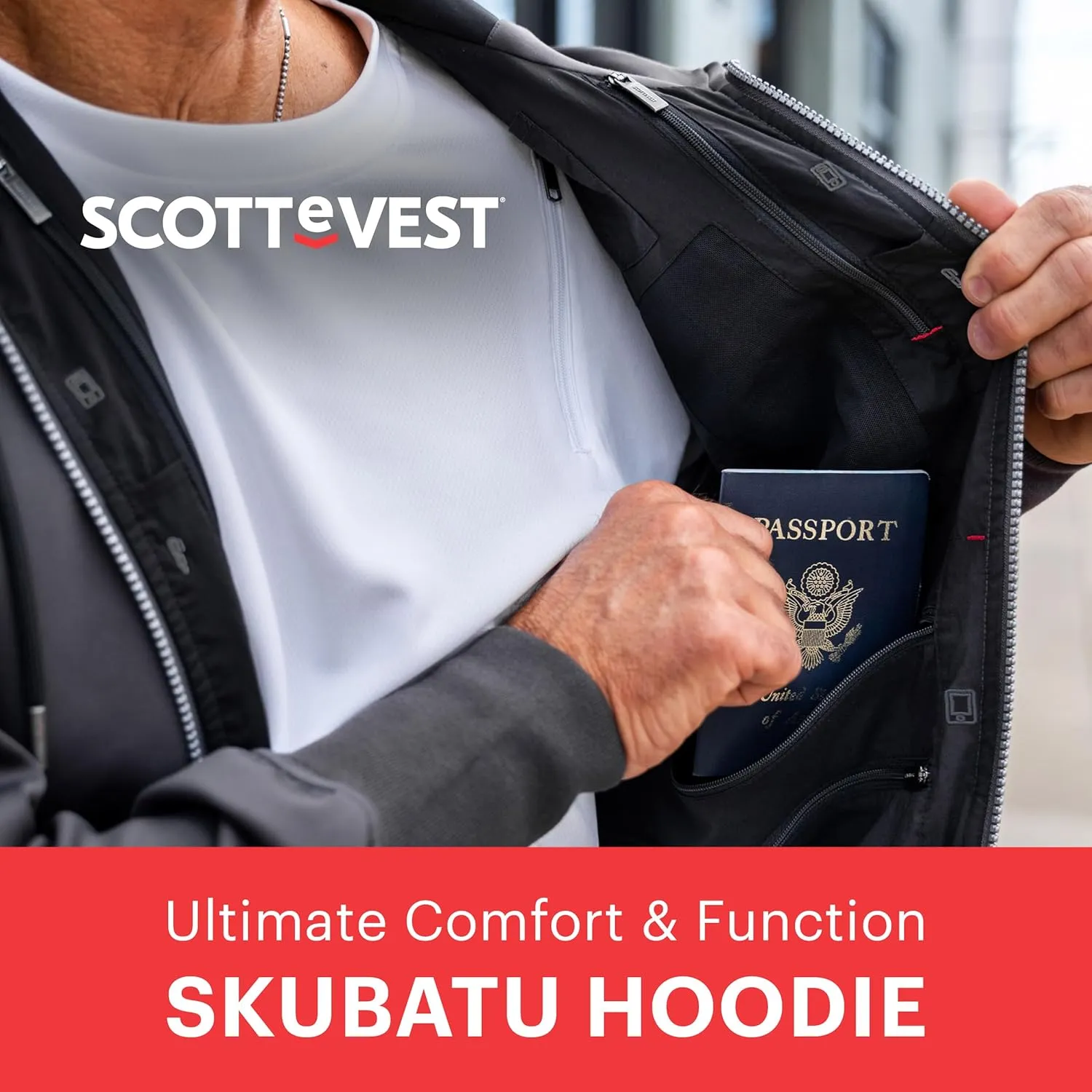 SCOTTeVEST Skubatu Hoodie for Men - 21 Hidden Pockets - Zip Up Sweatshirt for Travel & More