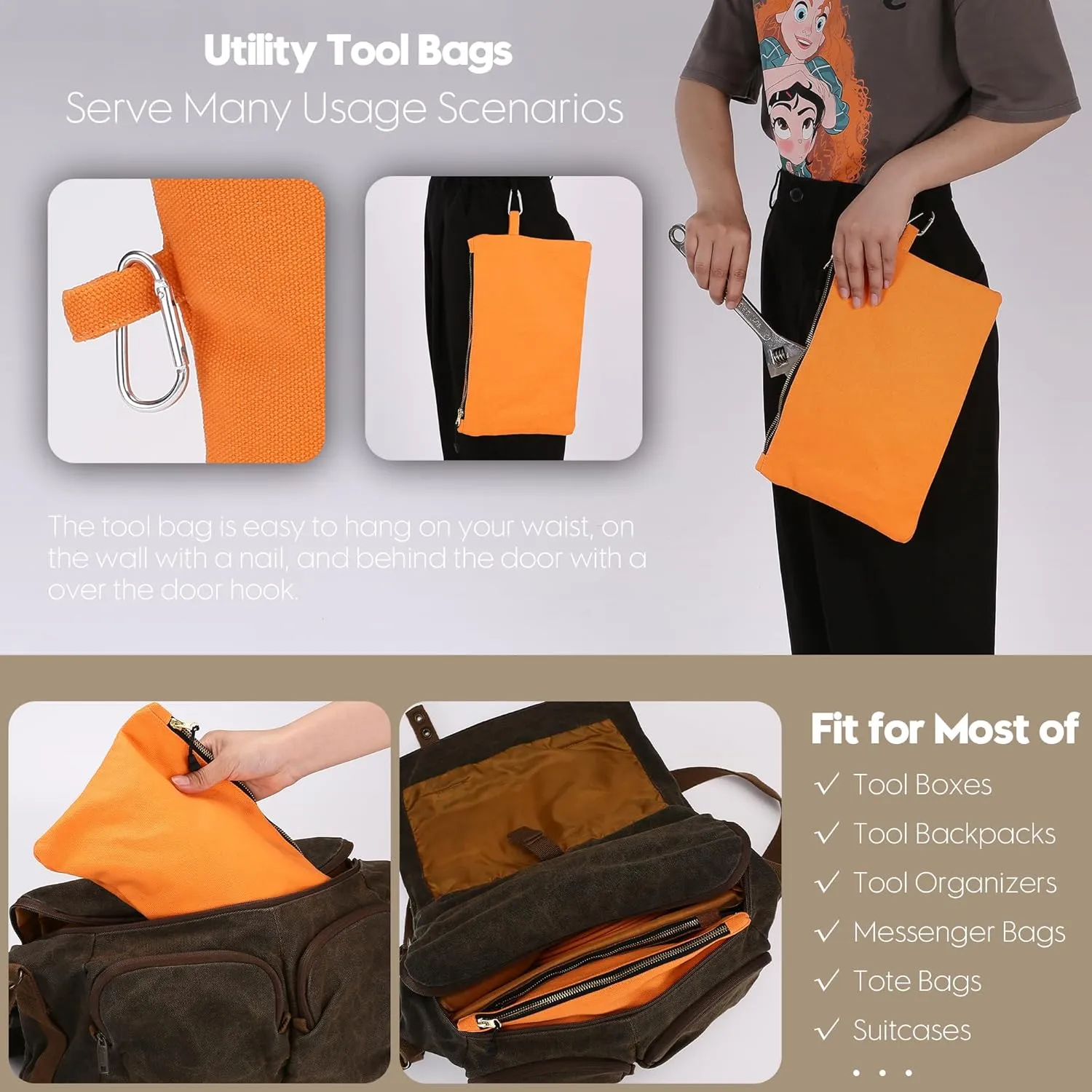 Sea Team 3-Pack Canvas Tool Bag, Heavy Duty Zipper Storage Pouch with Metal Spring Snap, Utility Organizer for Tools, Gadgets, Cosmetics, Stationery, 12.5 x 7.5 Inches, Multicolored, Style A