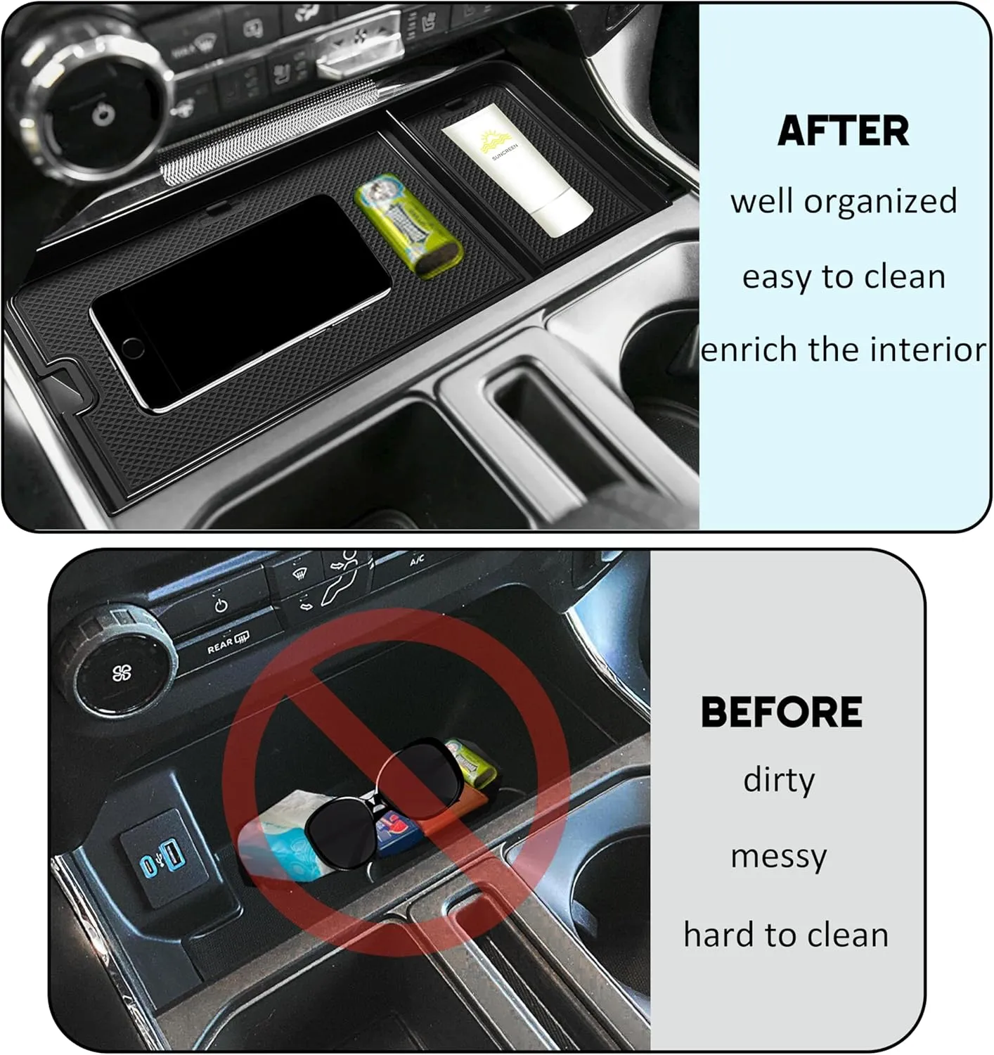 SENSHINE Center Console Organizer Tray for Ford F150 2021-2024 2025/Lightning XLT 2022-2024 Interior Accessories Hidden Insert Storage Box with USB Hole Fit Front Shifter Open Pocket (Black)