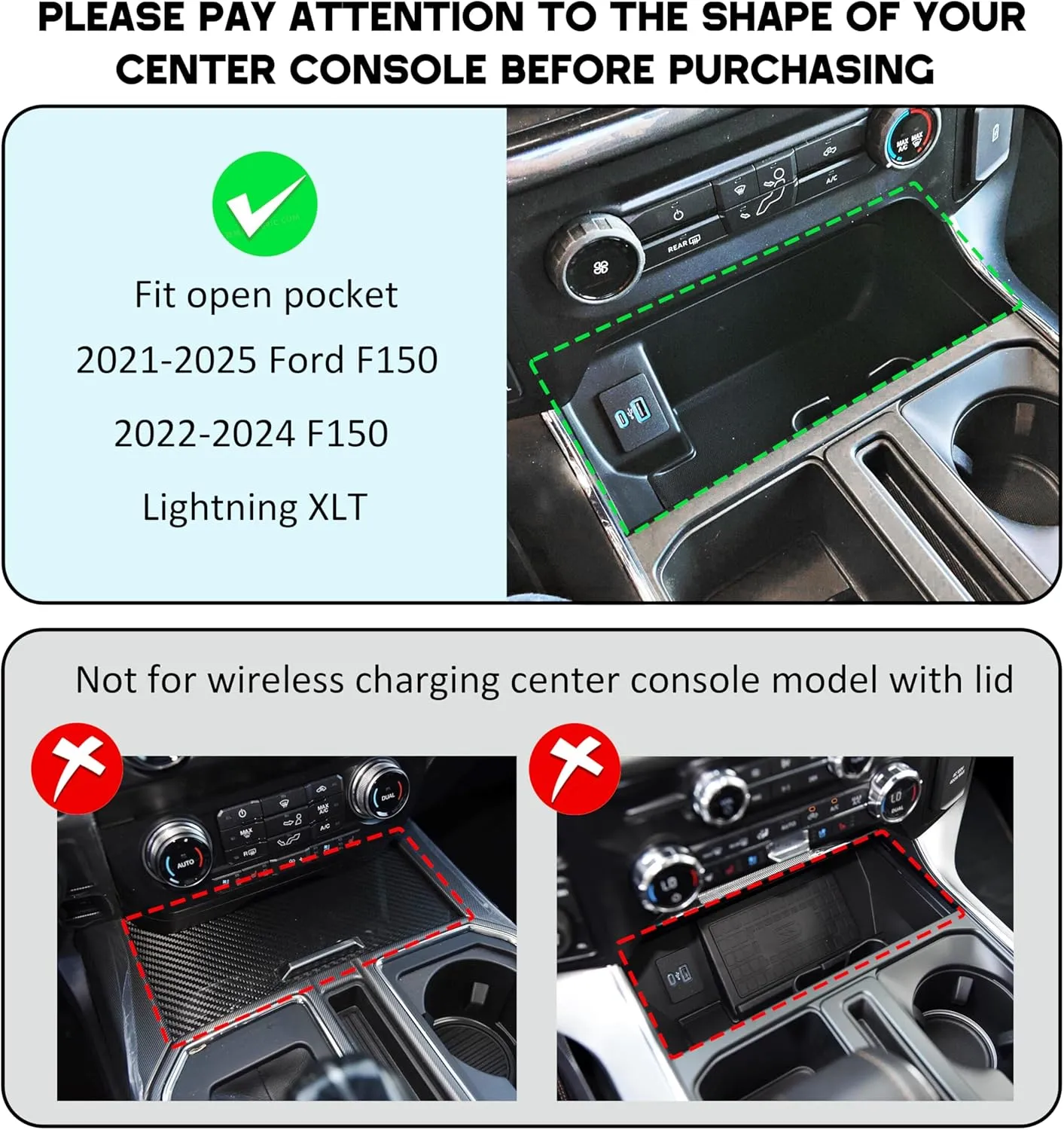 SENSHINE Center Console Organizer Tray for Ford F150 2021-2024 2025/Lightning XLT 2022-2024 Interior Accessories Hidden Insert Storage Box with USB Hole Fit Front Shifter Open Pocket (Black)