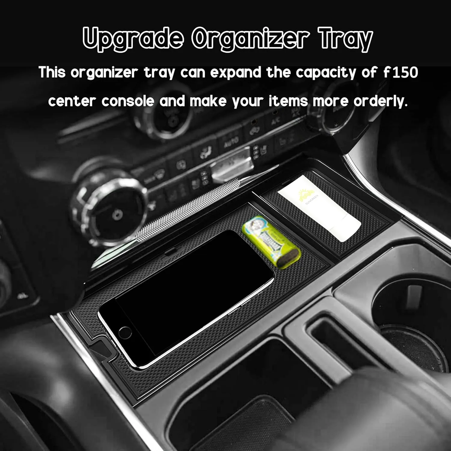 SENSHINE Center Console Organizer Tray for Ford F150 2021-2024 2025/Lightning XLT 2022-2024 Interior Accessories Hidden Insert Storage Box with USB Hole Fit Front Shifter Open Pocket (Black)