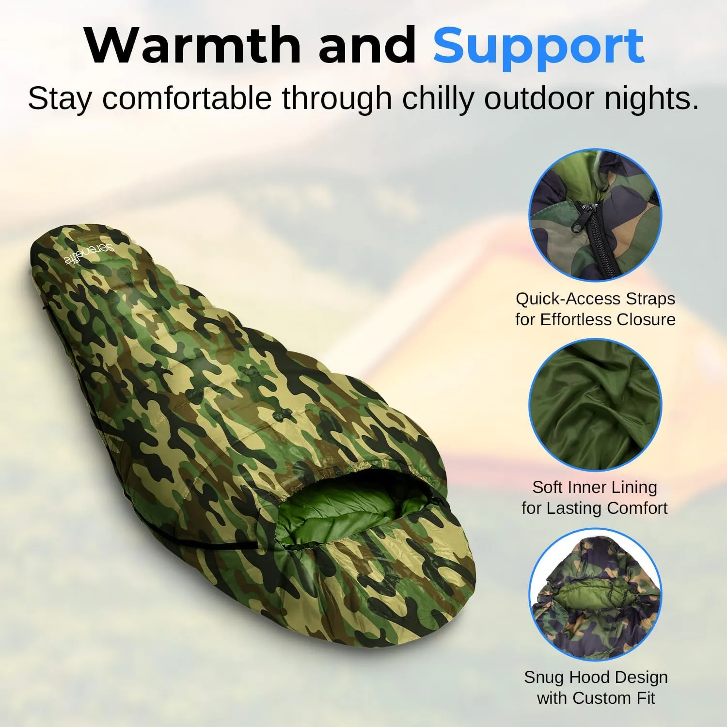 SereneLife Mummy Sleeping Bag – Lightweight, Warm & Waterproof for Winter & Cold Weather, 5-10°F Insulation, Smooth-Glide Zipper, Compact Compression Bag, Travel Pillow, Used for Camping & Backpacking