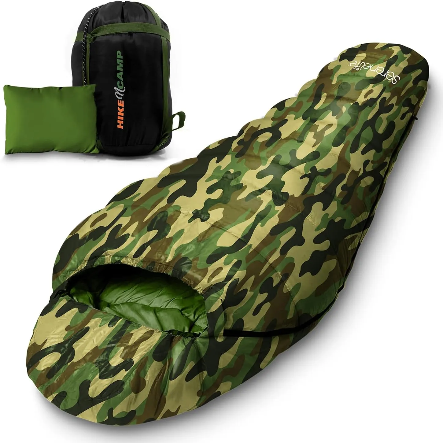SereneLife Mummy Sleeping Bag – Lightweight, Warm & Waterproof for Winter & Cold Weather, 5-10°F Insulation, Smooth-Glide Zipper, Compact Compression Bag, Travel Pillow, Used for Camping & Backpacking