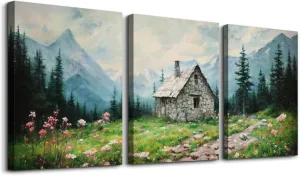 SERIMINO Nature Landscape Canvas Wall Art for Living Room, Forest Mountain Canvas Prints Paintings Room Decor, Cottage Meadow Wildflower Modern Farmhouse Wall Decor Set of 3, 12"X16"