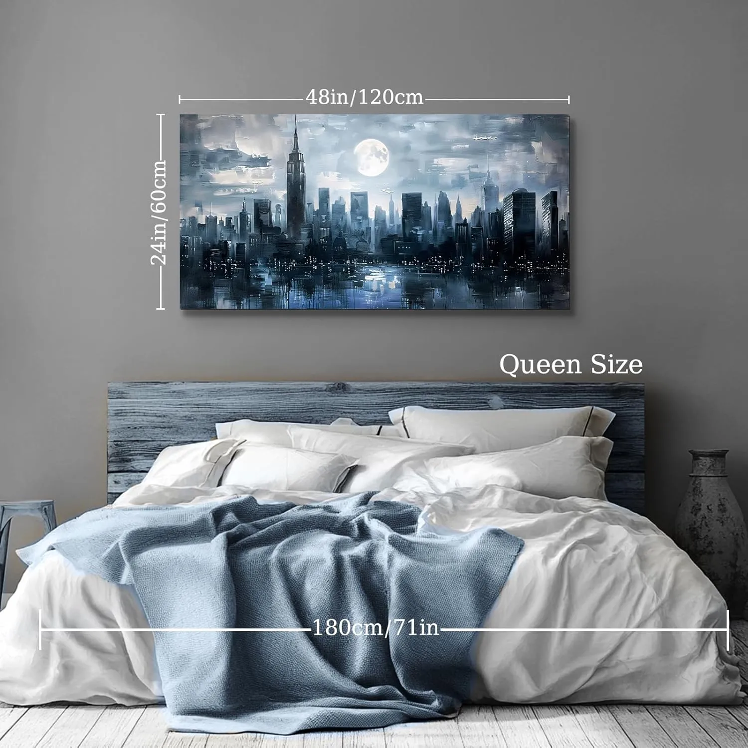 SERIMINO New York Skyline Wall Art, Urban Landscape Abstract Large Wall Decor, City Moon Night Landscape Artwork for Walls, Modern Aesthetic House Decorations Living Room Bedroom Office 24X48 Inch