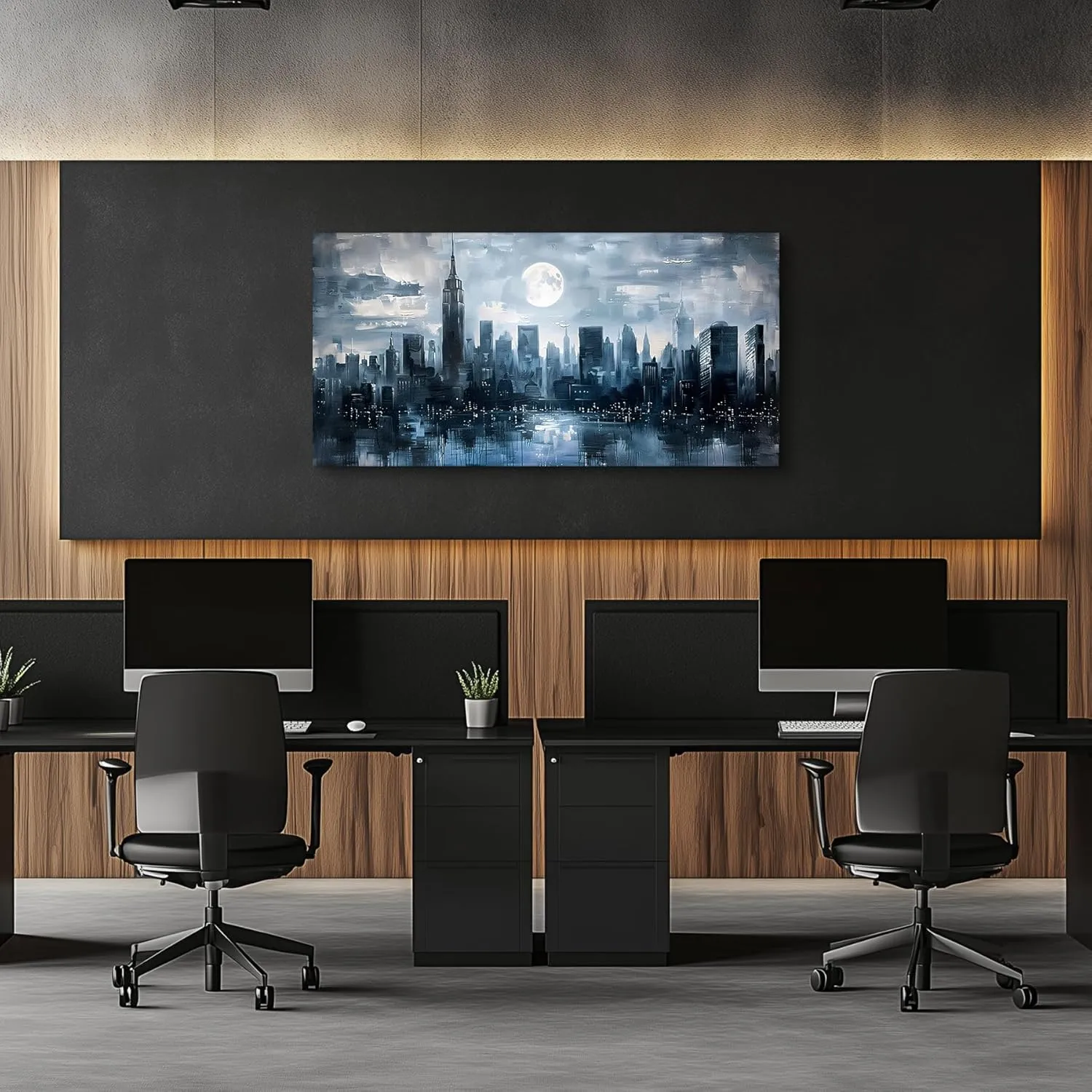 SERIMINO New York Skyline Wall Art, Urban Landscape Abstract Large Wall Decor, City Moon Night Landscape Artwork for Walls, Modern Aesthetic House Decorations Living Room Bedroom Office 24X48 Inch