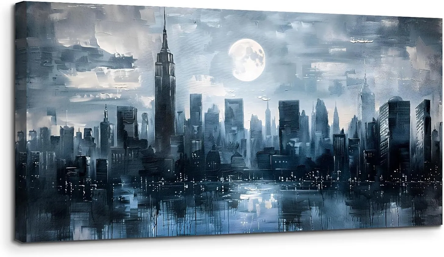 SERIMINO New York Skyline Wall Art, Urban Landscape Abstract Large Wall Decor, City Moon Night Landscape Artwork for Walls, Modern Aesthetic House Decorations Living Room Bedroom Office 24X48 Inch