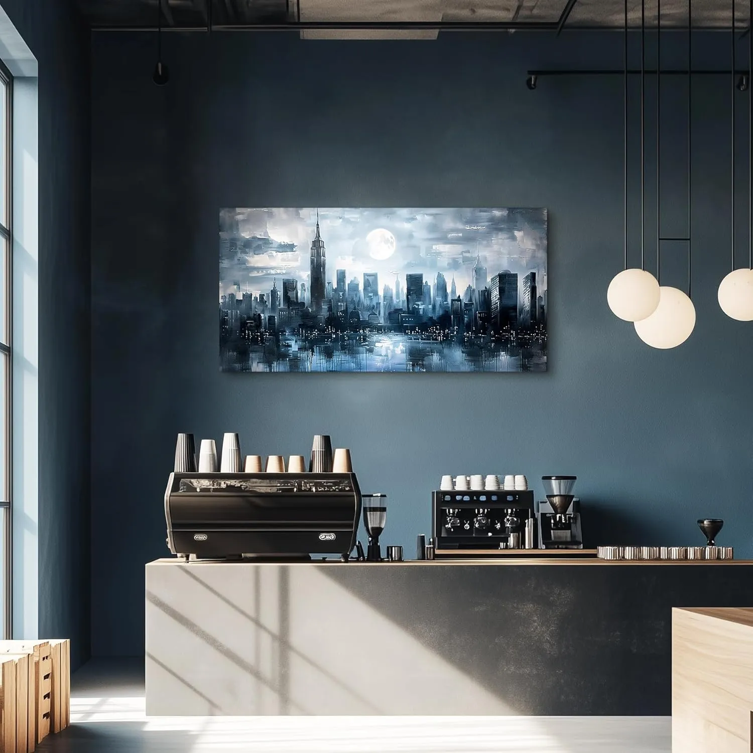SERIMINO New York Skyline Wall Art, Urban Landscape Abstract Large Wall Decor, City Moon Night Landscape Artwork for Walls, Modern Aesthetic House Decorations Living Room Bedroom Office 24X48 Inch