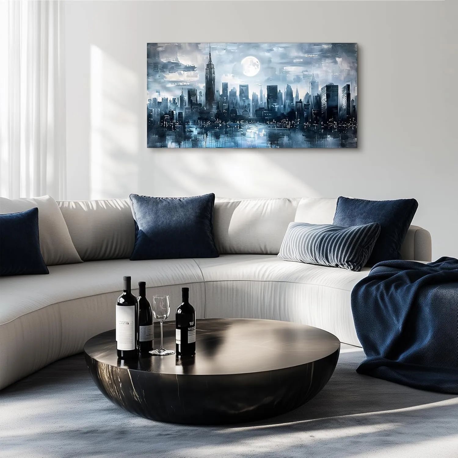 SERIMINO New York Skyline Wall Art, Urban Landscape Abstract Large Wall Decor, City Moon Night Landscape Artwork for Walls, Modern Aesthetic House Decorations Living Room Bedroom Office 24X48 Inch