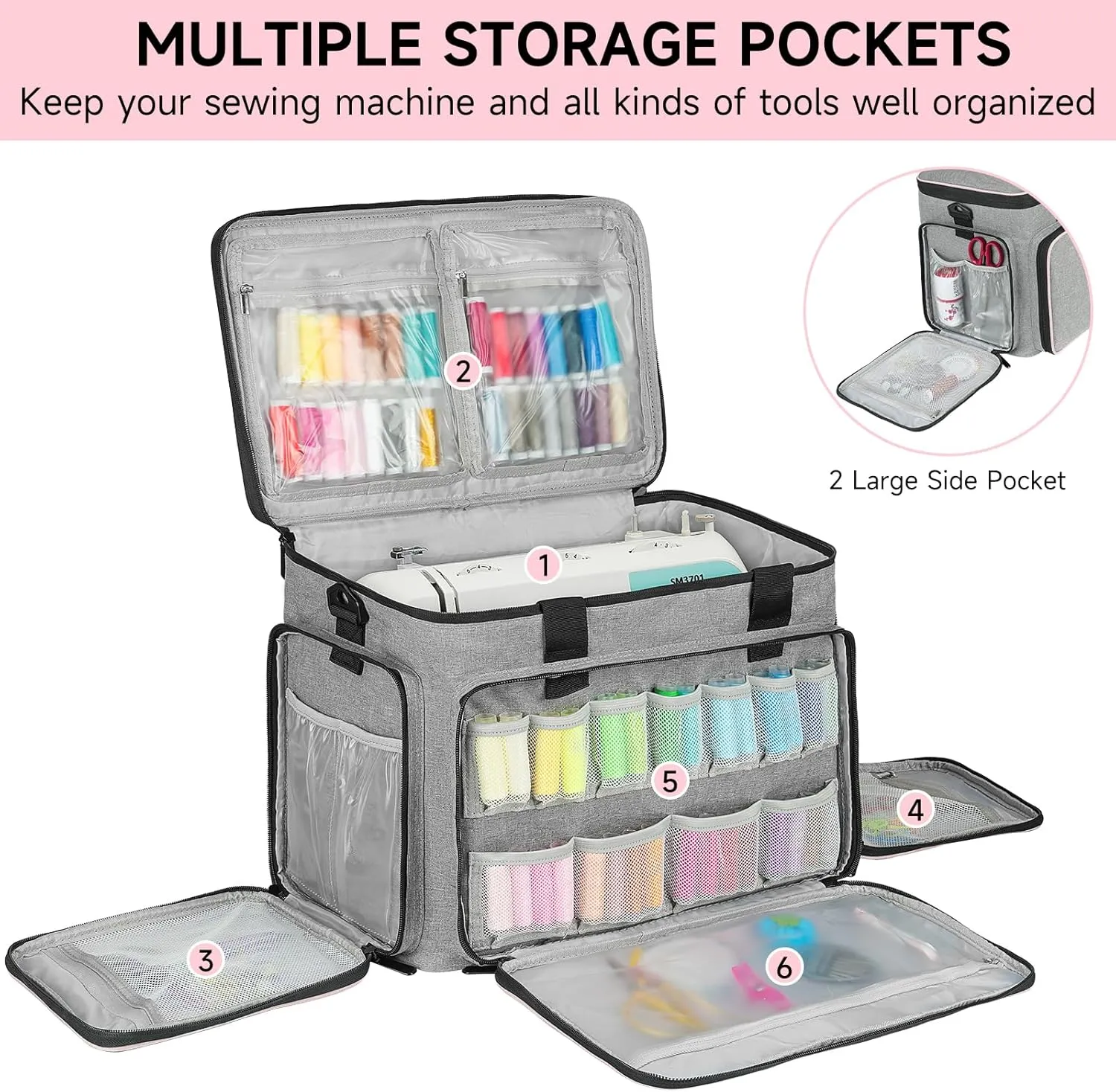 Sewing Machine Carrying Case Bag Compatible for Most Standard Singer,Brother,Janome with Multiple Storage Pockets,Universal Travel Tote Bag with Shoulder Strap for Sewing Machine and Supplies(Grey)