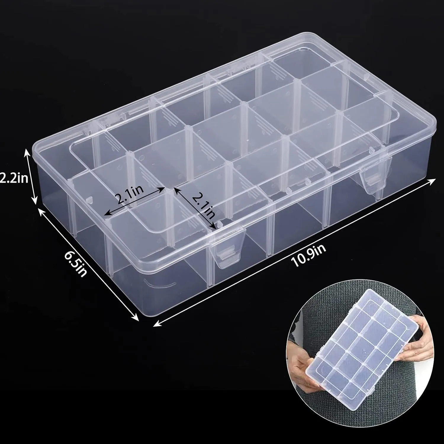 SGHUO 3 Pack 15 Grids Large Plastic Storage Organizer Box,15 Compartments with Dividers for Tackle Box, Beads, Washi Tape, Ribbon, Crafts, Art Supply 10.9X6.5X2.2inch