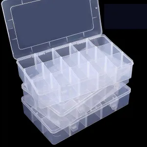 SGHUO 3 Pack 15 Grids Large Plastic Storage Organizer Box,15 Compartments with Dividers for Tackle Box, Beads, Washi Tape, Ribbon, Crafts, Art Supply 10.9X6.5X2.2inch