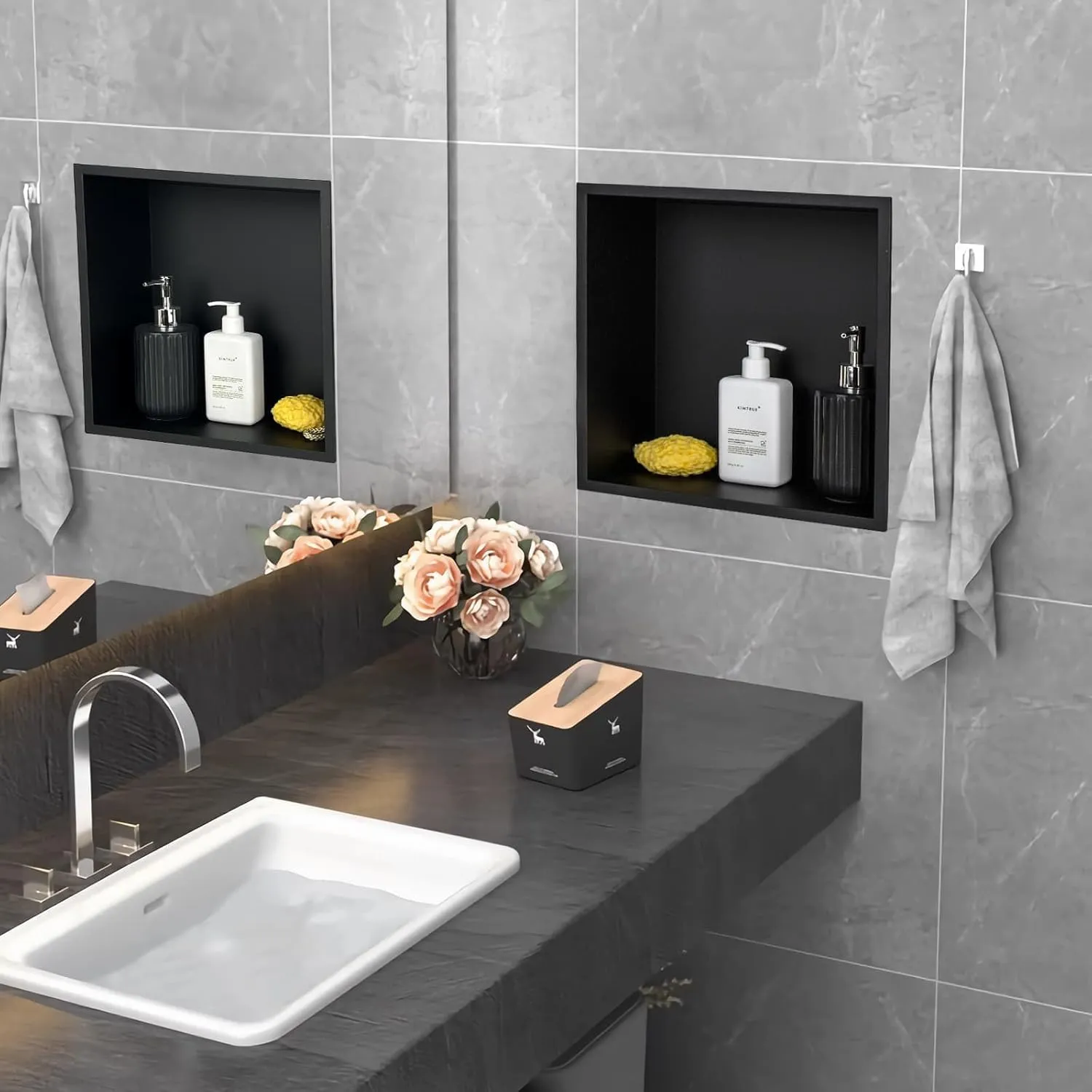 Shower Niche, Stainless Steel Modern Bathroom Niche, No Tile Needed Recessed Shower Shelf Organizer for Storage, Carbon Black, 12"×12"