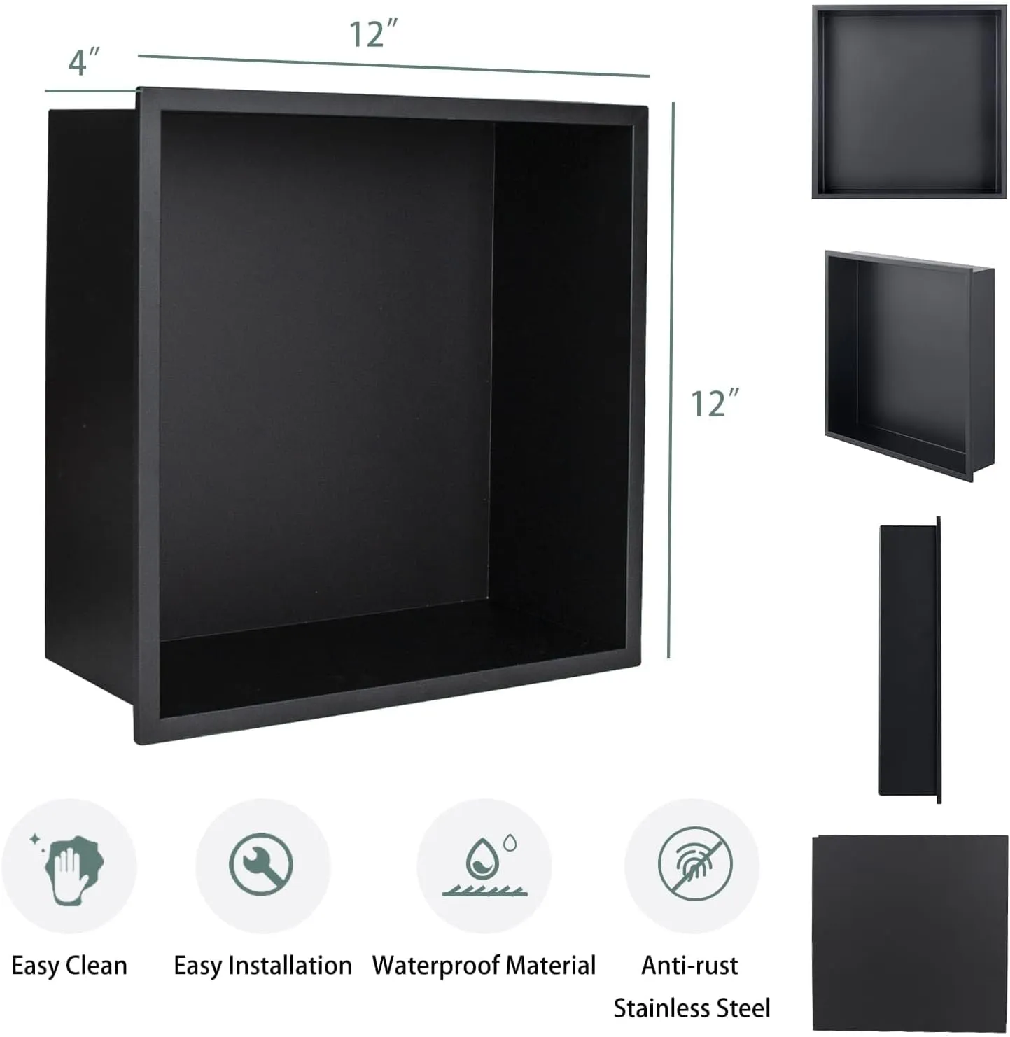 Shower Niche, Stainless Steel Modern Bathroom Niche, No Tile Needed Recessed Shower Shelf Organizer for Storage, Coal Black, 12"×12"