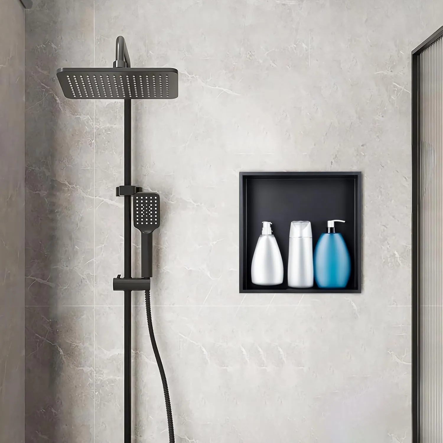 Shower Niche, Stainless Steel Modern Bathroom Niche, No Tile Needed Recessed Shower Shelf Organizer for Storage, Coal Black, 12"×12"